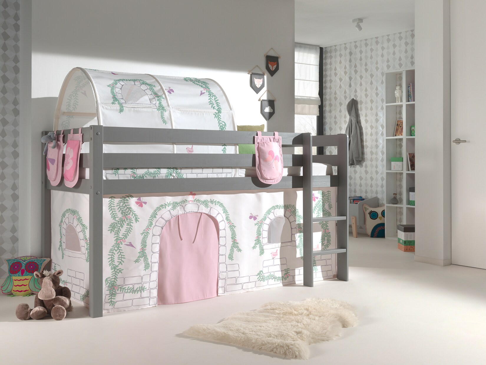 Spielbett Pino mit Textilset Vorhang, Tunnel und 3 Taschen versch. Designs | 05420070234641