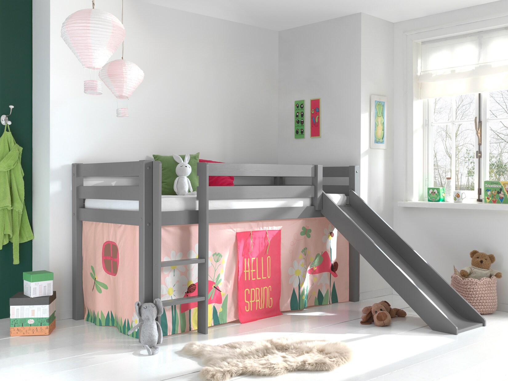 Spielbett Pino inkl. Rutsche mit Textilset Vorhang versch. Designs