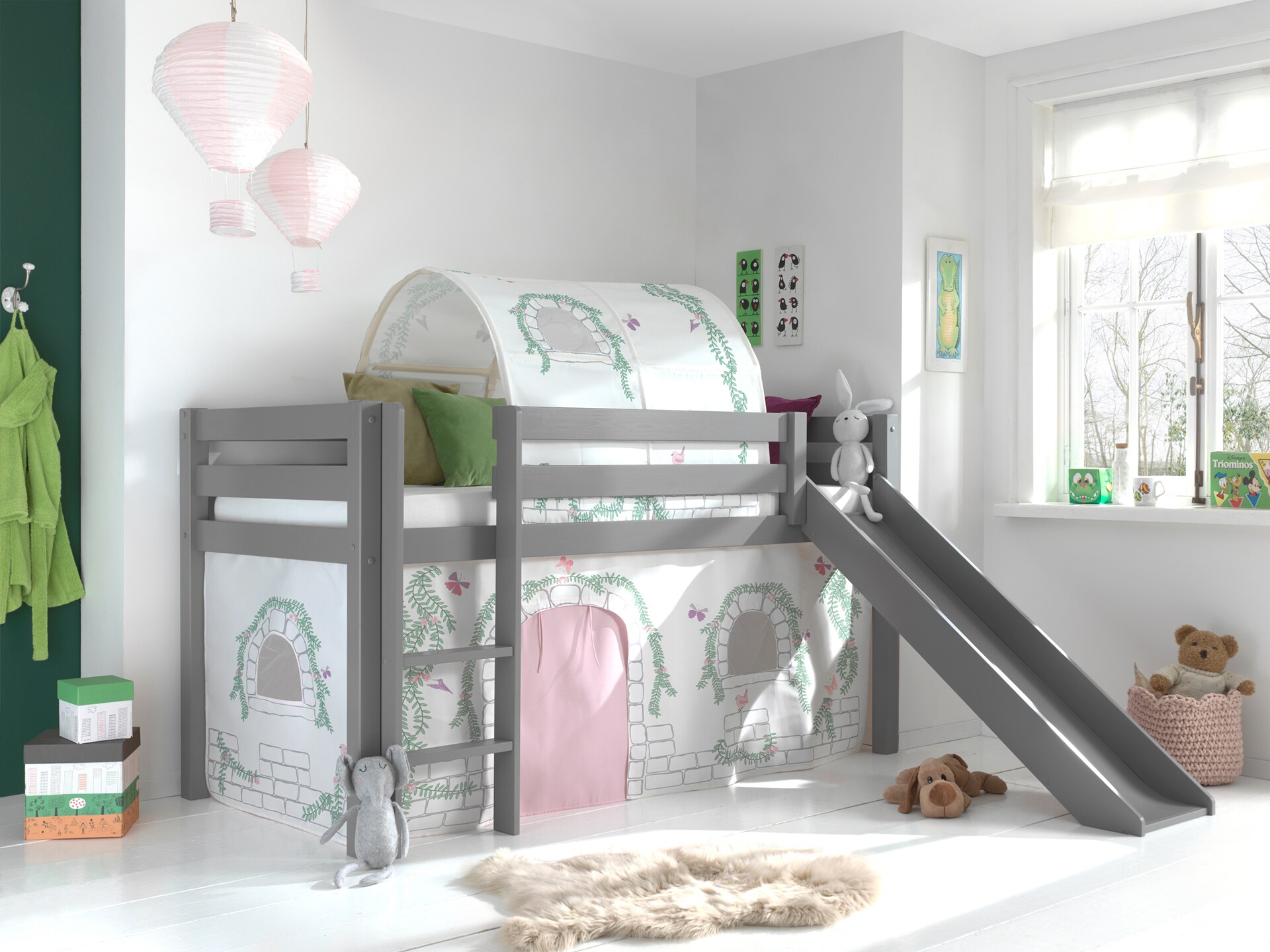 Spielbett Pino inkl. Rutsche mit Textilset Vorhang und Tunnel versch. Designs - Bild 1