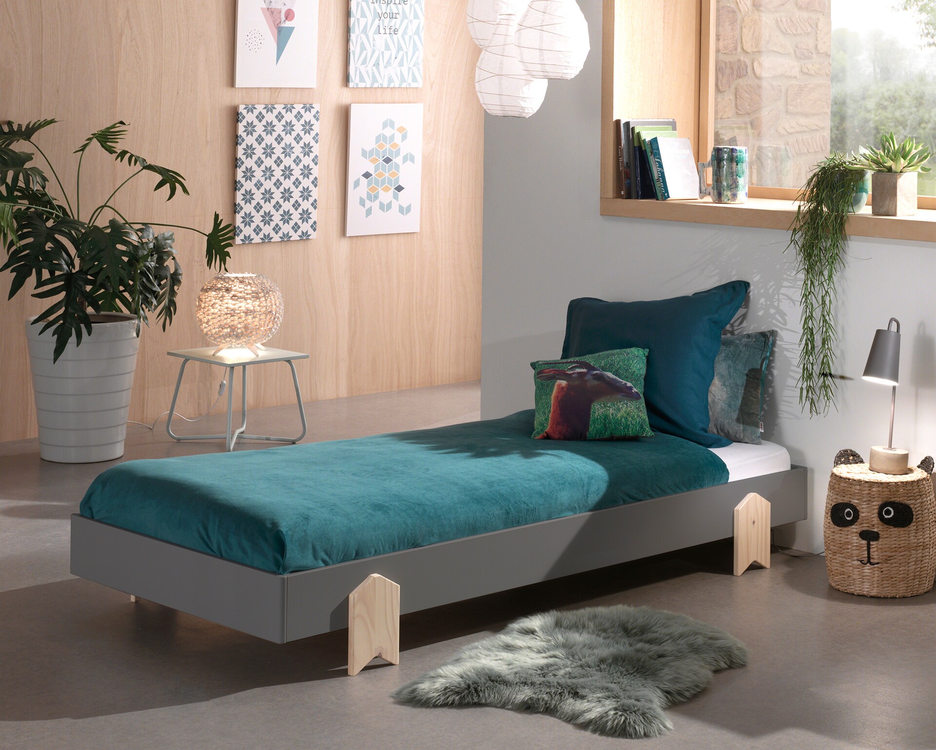 Modulo Einzelbett/Stapelbett 90 x 200 cm Liegefl&auml;che, grau lackiert, versch. Ausf&uuml;hrungen - Bild 1