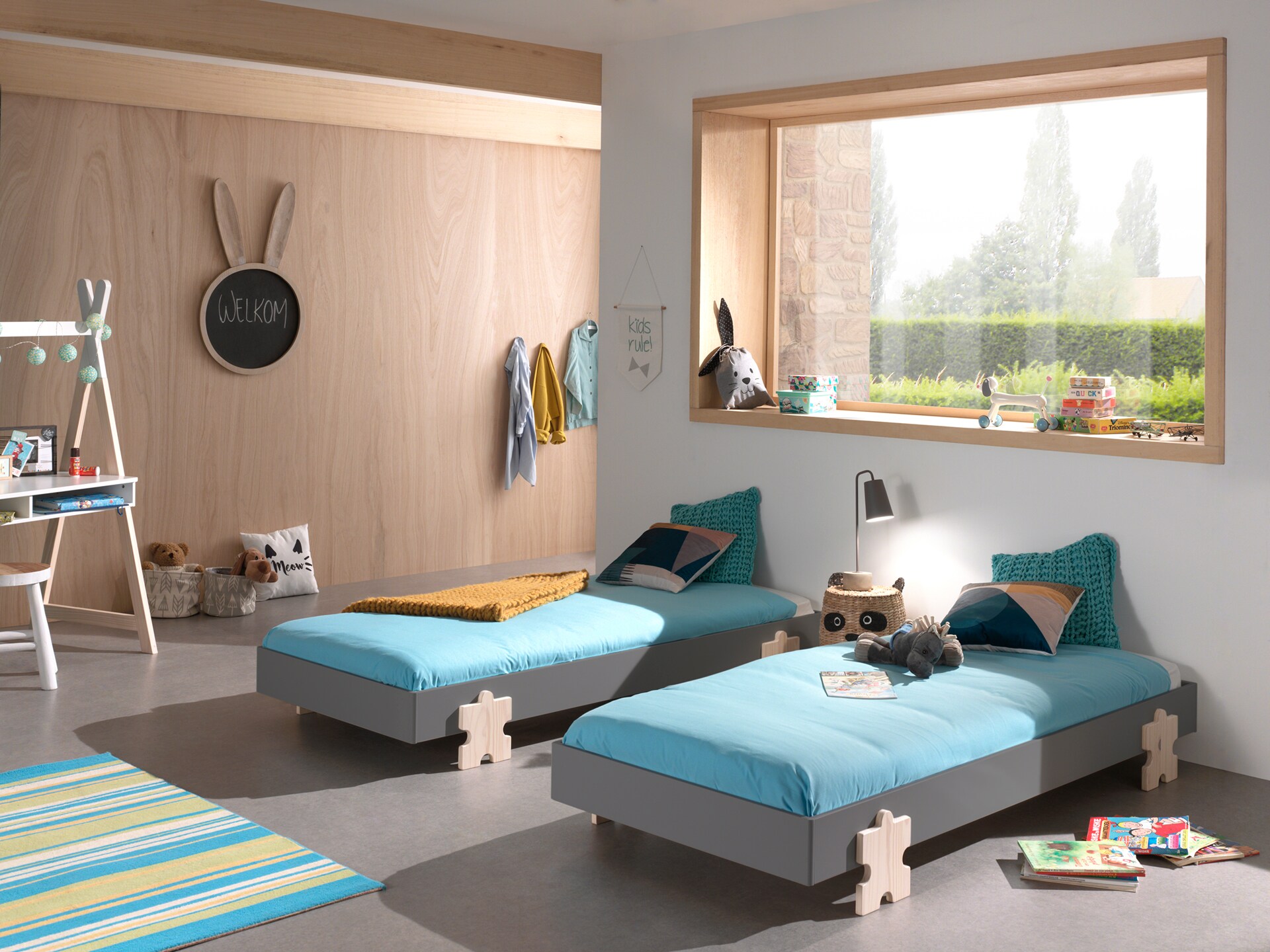 Modulo Art. Set best. aus 2 Einzelbetten/Stapelbetten je 90 x 200 cm Liegefl&auml;che, grau lackiert, versch. Ausf&uuml;hrungen - Bild 1