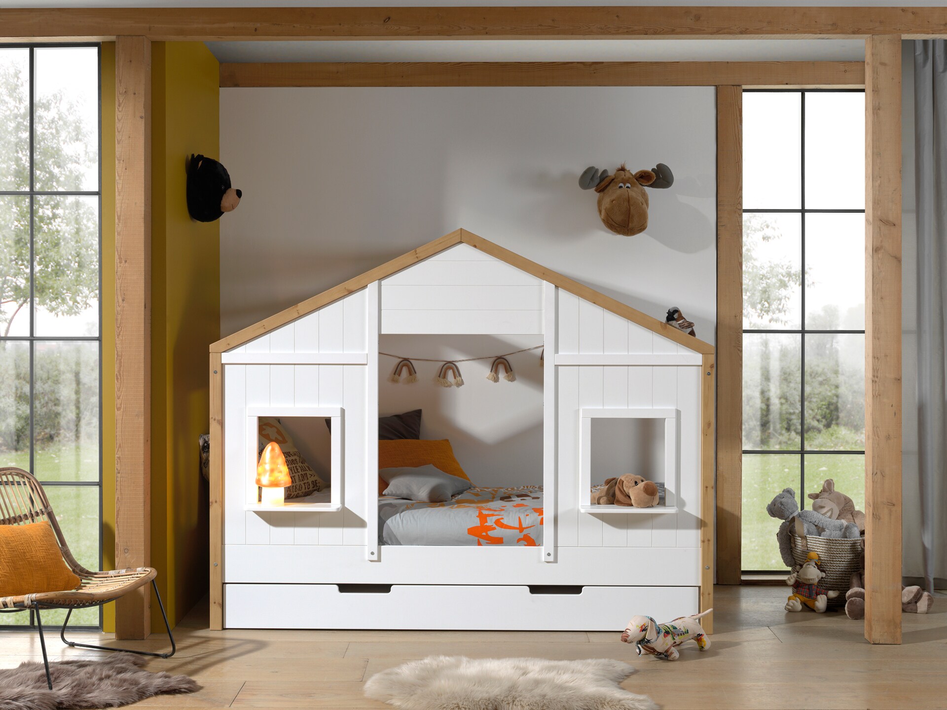 Landhausbett BABS mit Liegefl&auml;che 90 x 200 cm, inkl. Lattenrost und Bettschublade, Ausf. teilmassiv Kiefer, Farbe Oak/Wei&szlig; - Bild 1