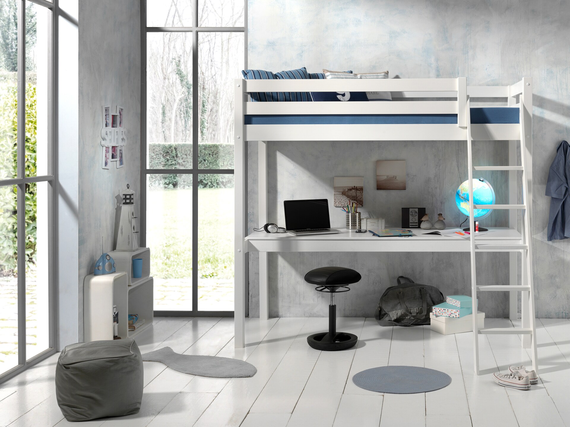 Hochbett mit Liegefl&auml;che 90 x 200 cm und gro&szlig;er Schreibtischplatte versch. Farben - Bild 1