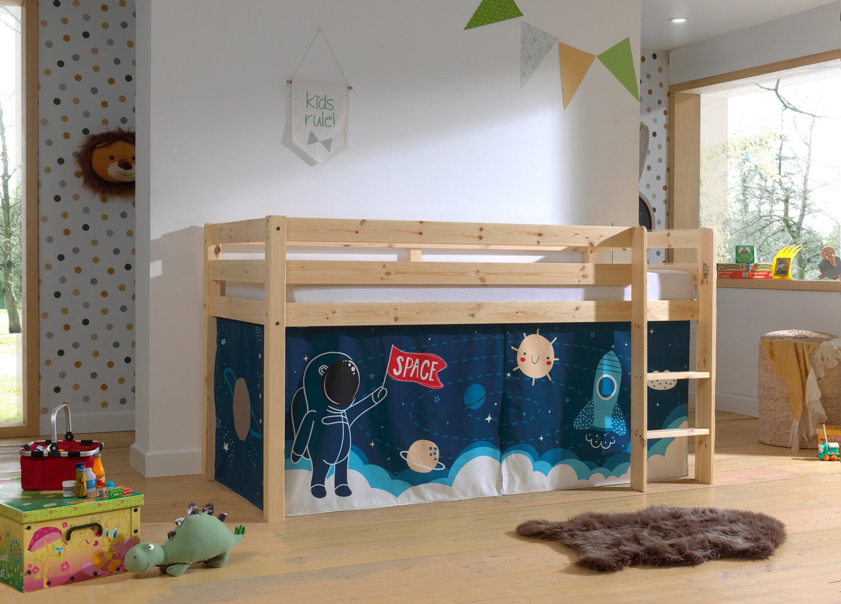 Halbhohes Bett PINO, mit Textilset „Space Shuttle“, Ausf. Kiefer massiv versch. Farben | 05420070236447