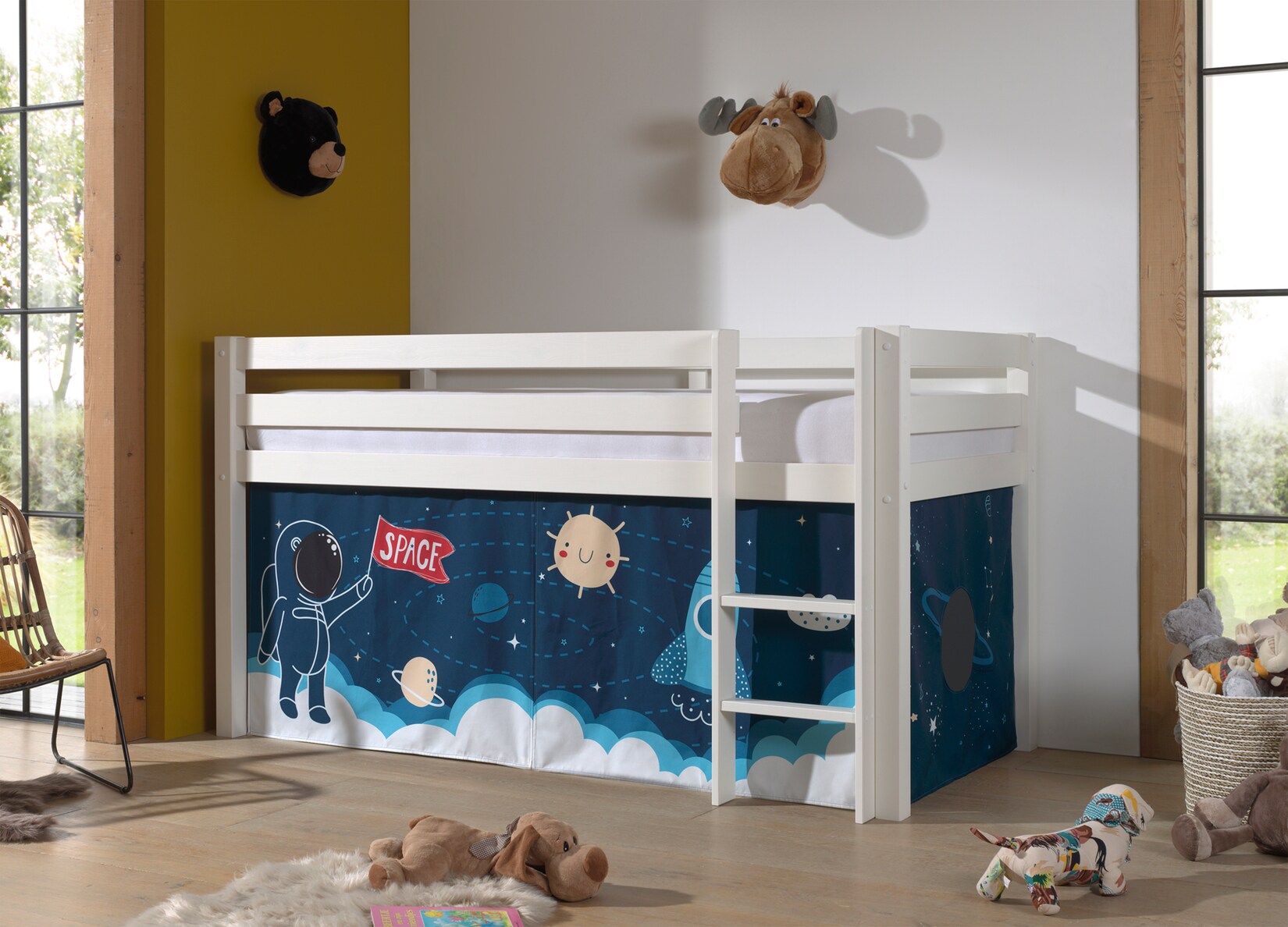 Halbhohes Bett PINO, mit Textilset „Space Shuttle“, Ausf. Kiefer massiv versch. Farben | 05420070236379