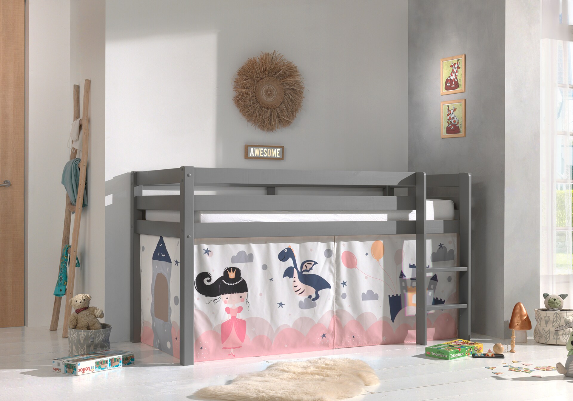 Halbhohes Bett PINO, mit Textilset "Princess Sophie", Ausf. Kiefer massiv versch. Farben - Bild 1