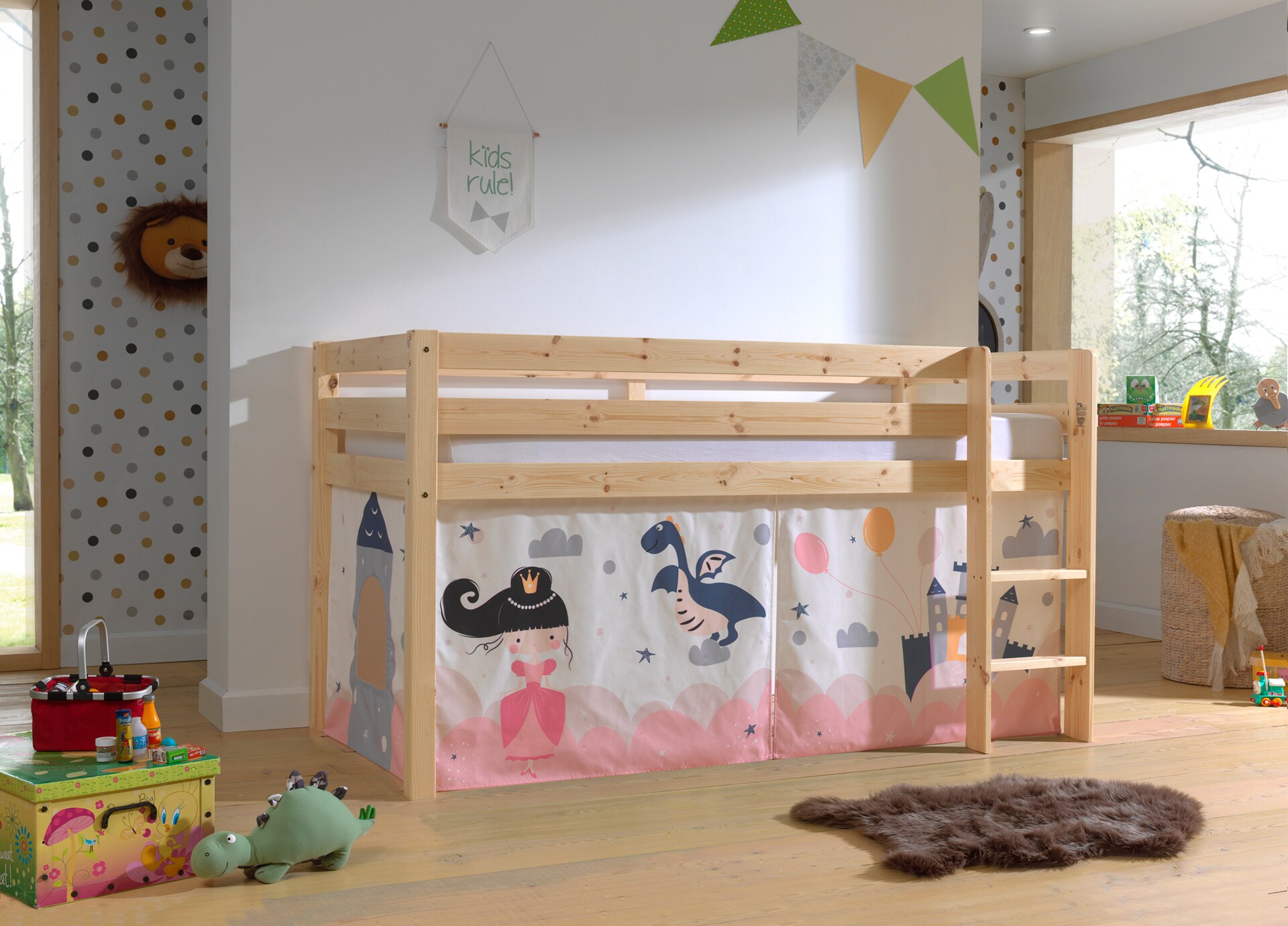 Halbhohes Bett PINO, mit Textilset "Princess Sophie", Ausf. Kiefer massiv versch. Farben - Bild 1