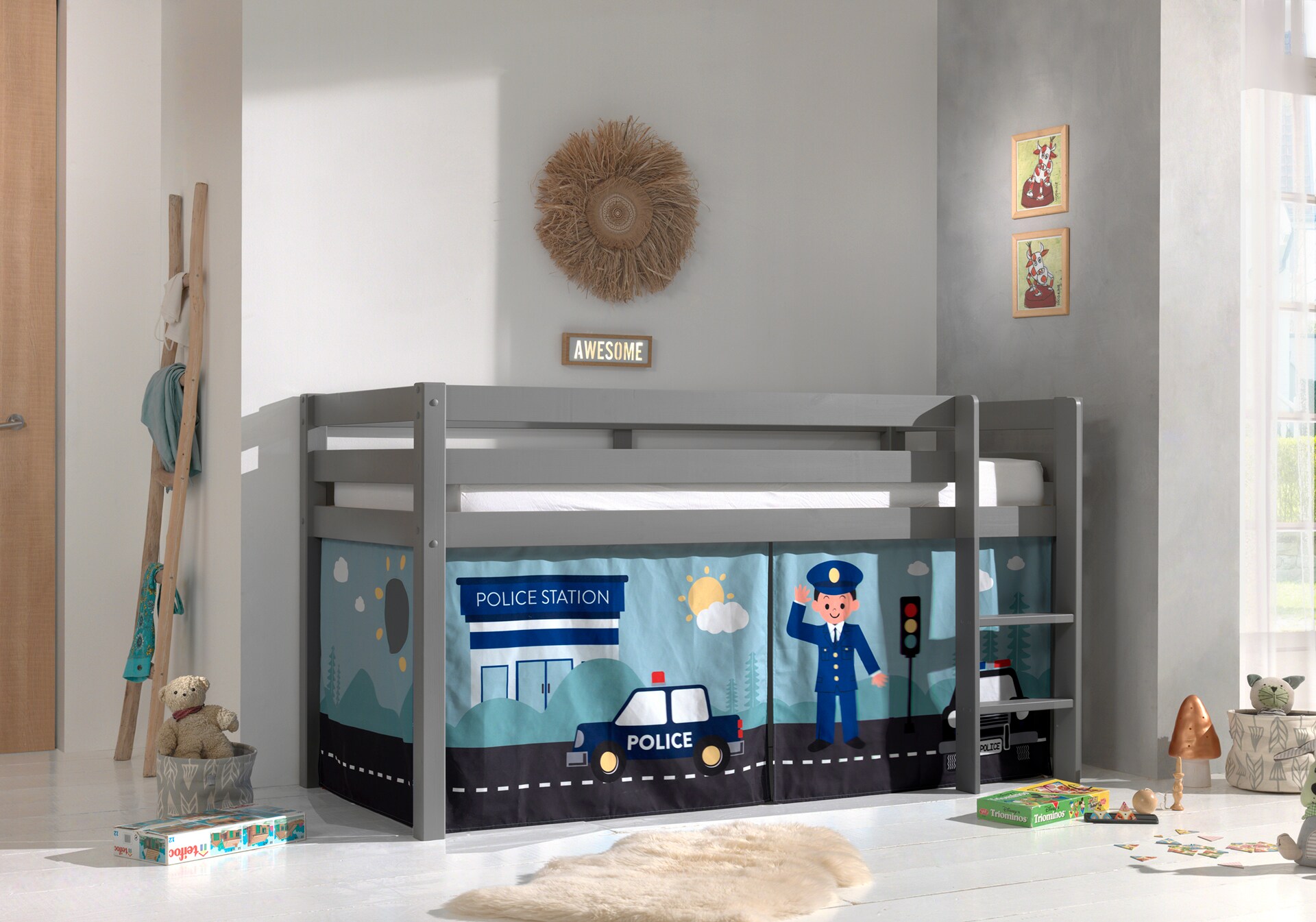 Halbhohes Bett PINO, mit Textilset "Police", Ausf. Kiefer massiv versch. Farben - Bild 1