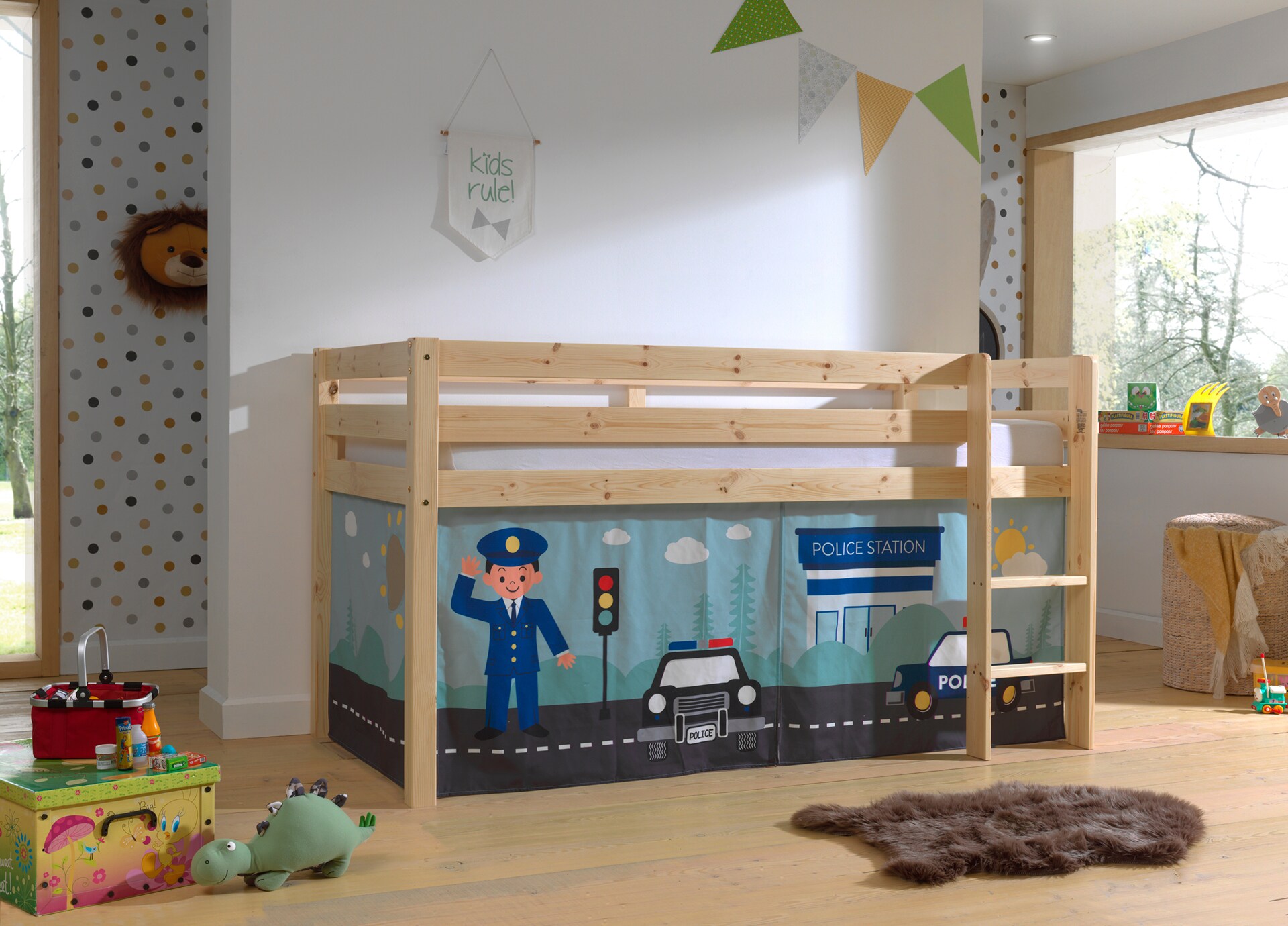 Halbhohes Bett PINO, mit Textilset "Police", Ausf. Kiefer massiv versch. Farben - Bild 1