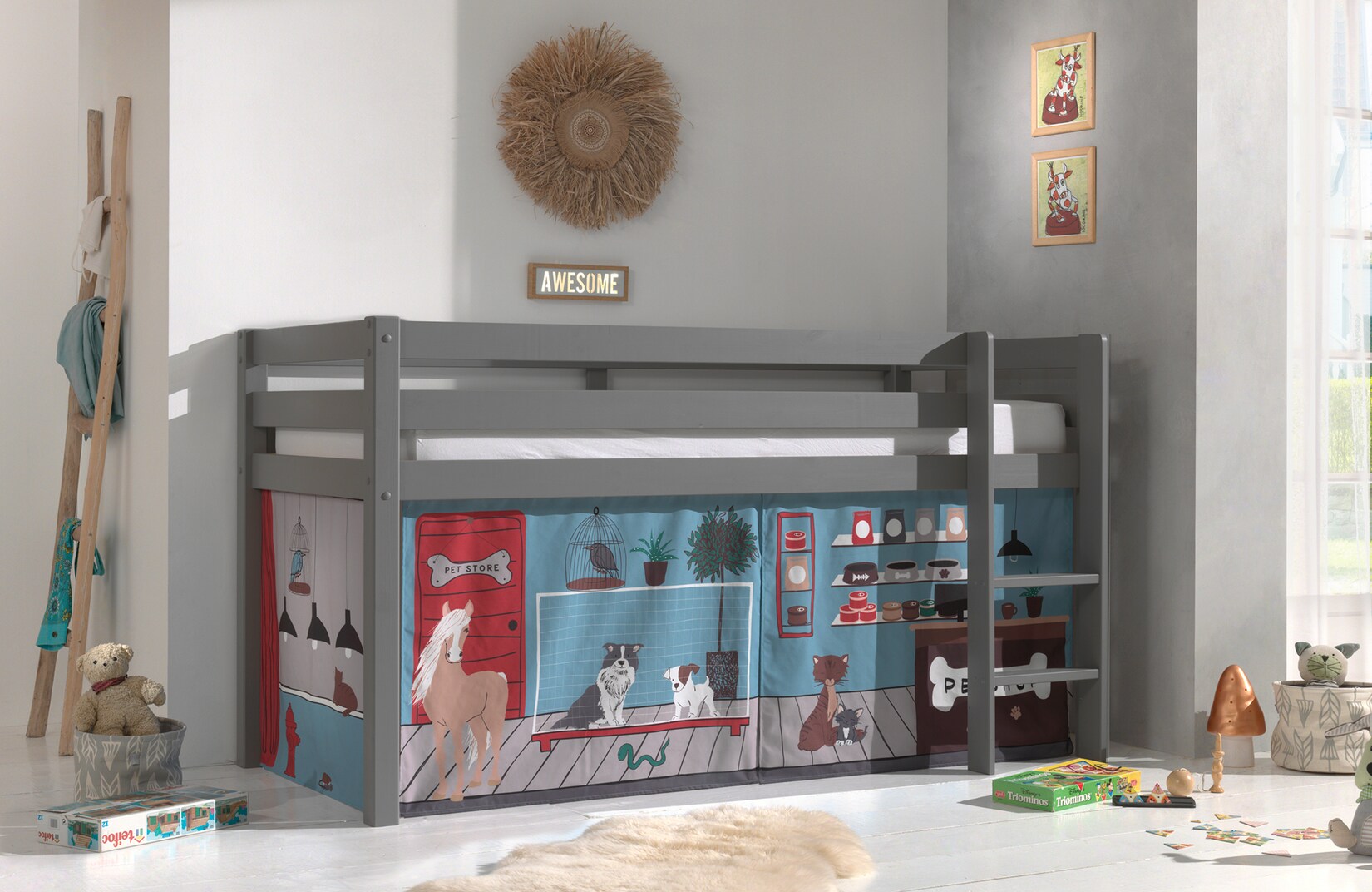 Halbhohes Bett PINO, mit Textilset „Pet Shop“, Ausf. Kiefer massiv versch. Farben | 05420070236508