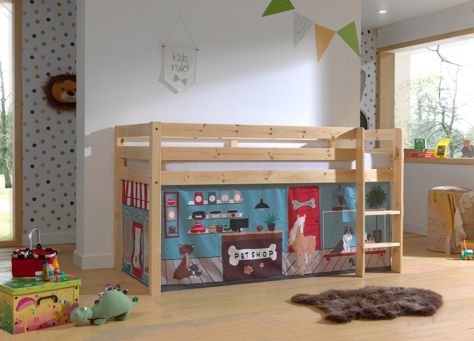 Halbhohes Bett PINO, mit Textilset „Pet Shop“, Ausf. Kiefer massiv versch. Farben | 05420070236430