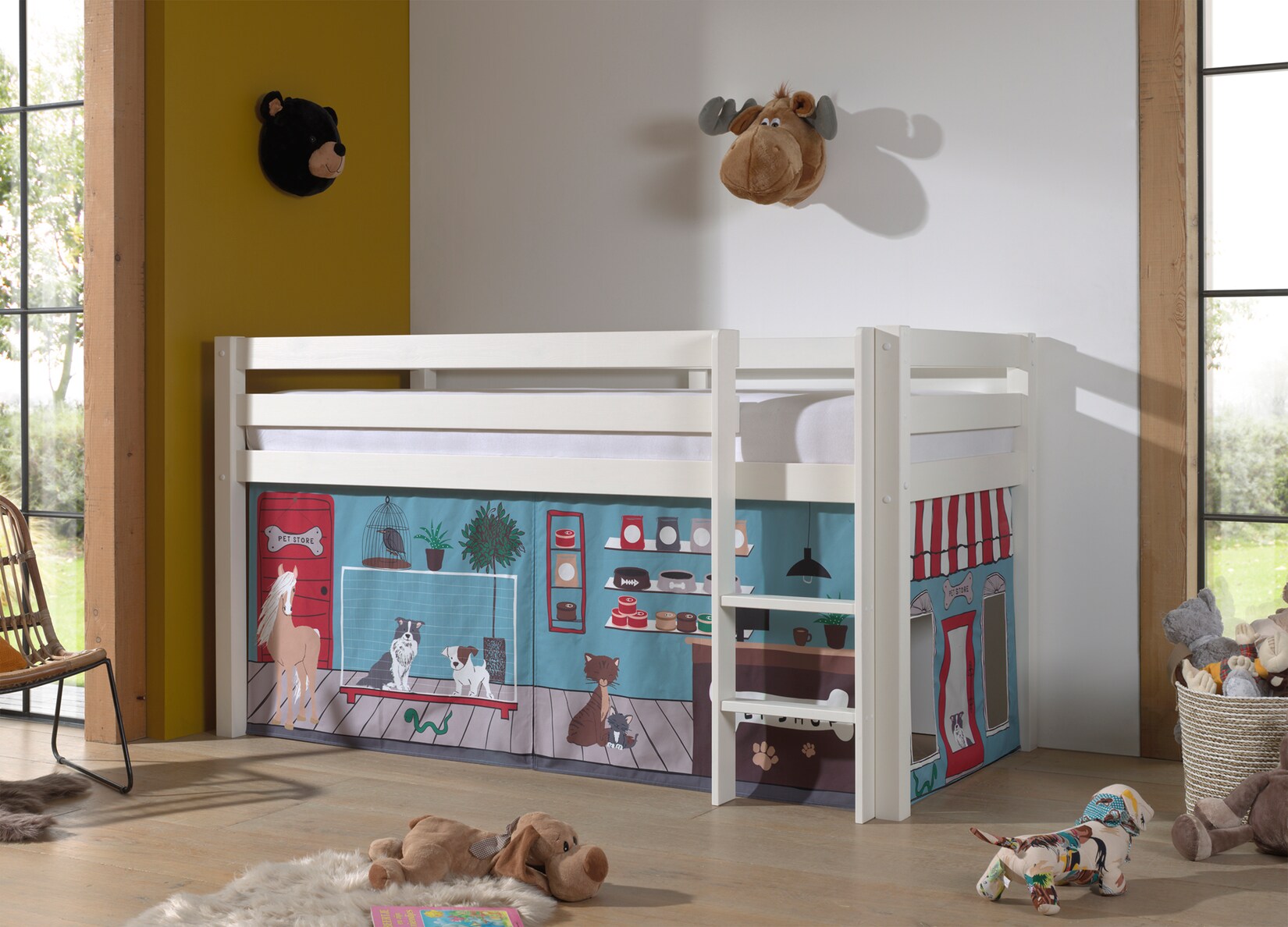 Halbhohes Bett PINO, mit Textilset „Pet Shop“, Ausf. Kiefer massiv versch. Farben | 05420070236362