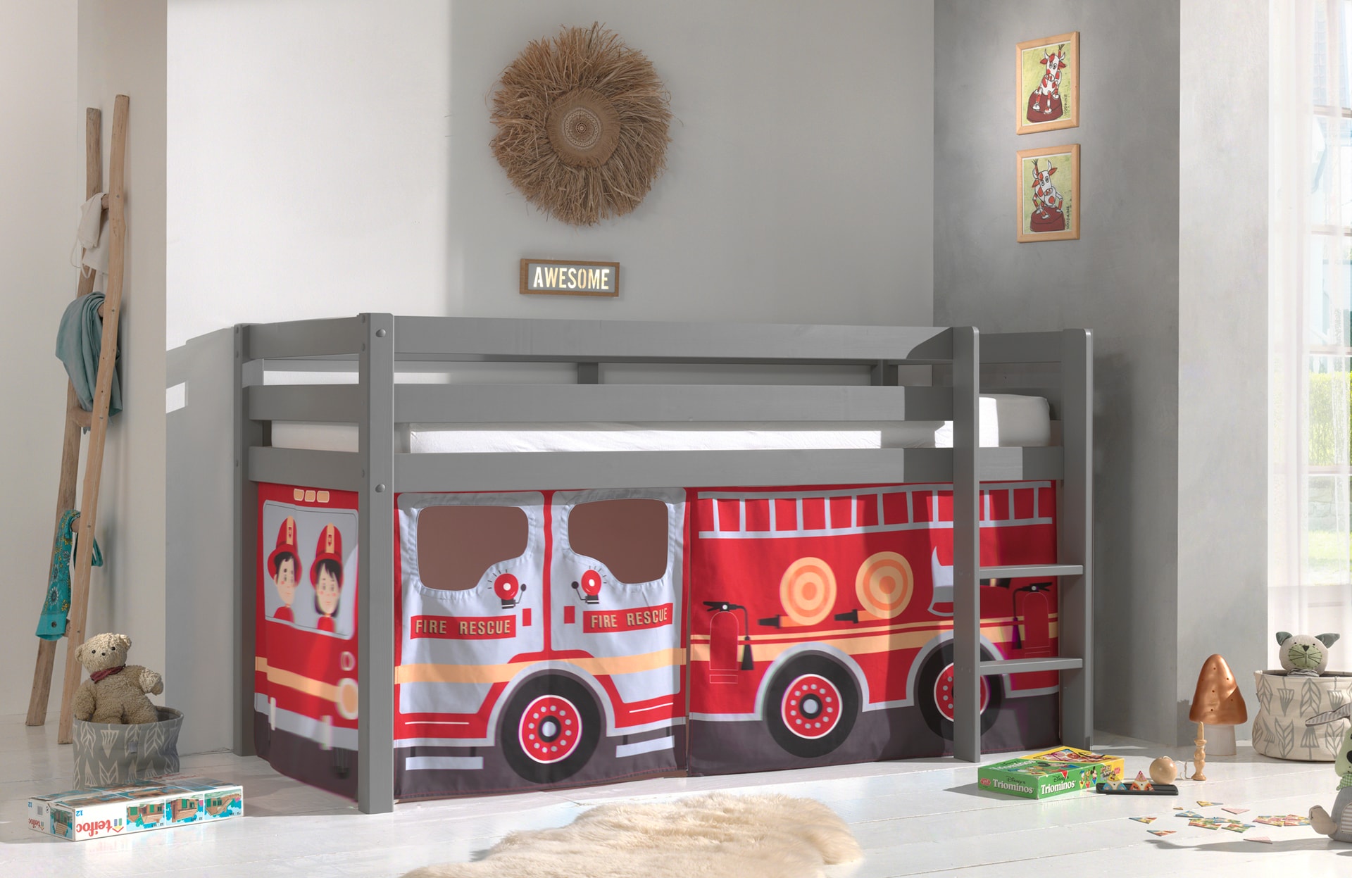 Halbhohes Bett PINO, mit Textilset "FIRE RESCUE", Ausf. Kiefer massiv versch. Farben - Bild 1
