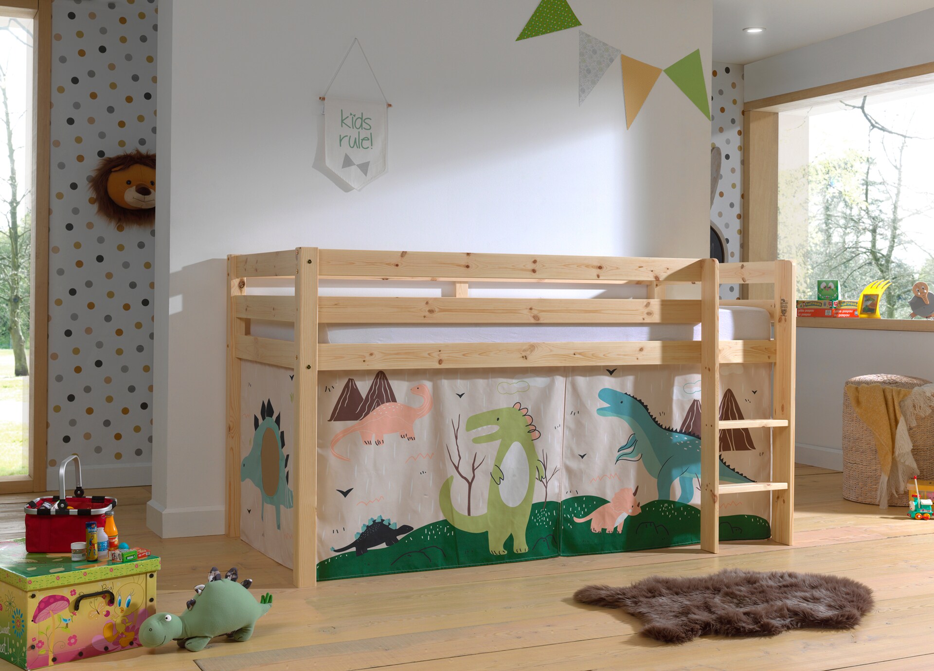 Halbhohes Bett PINO, mit Textilset "Dino", Ausf. Kiefer massiv versch. Farben - Bild 1