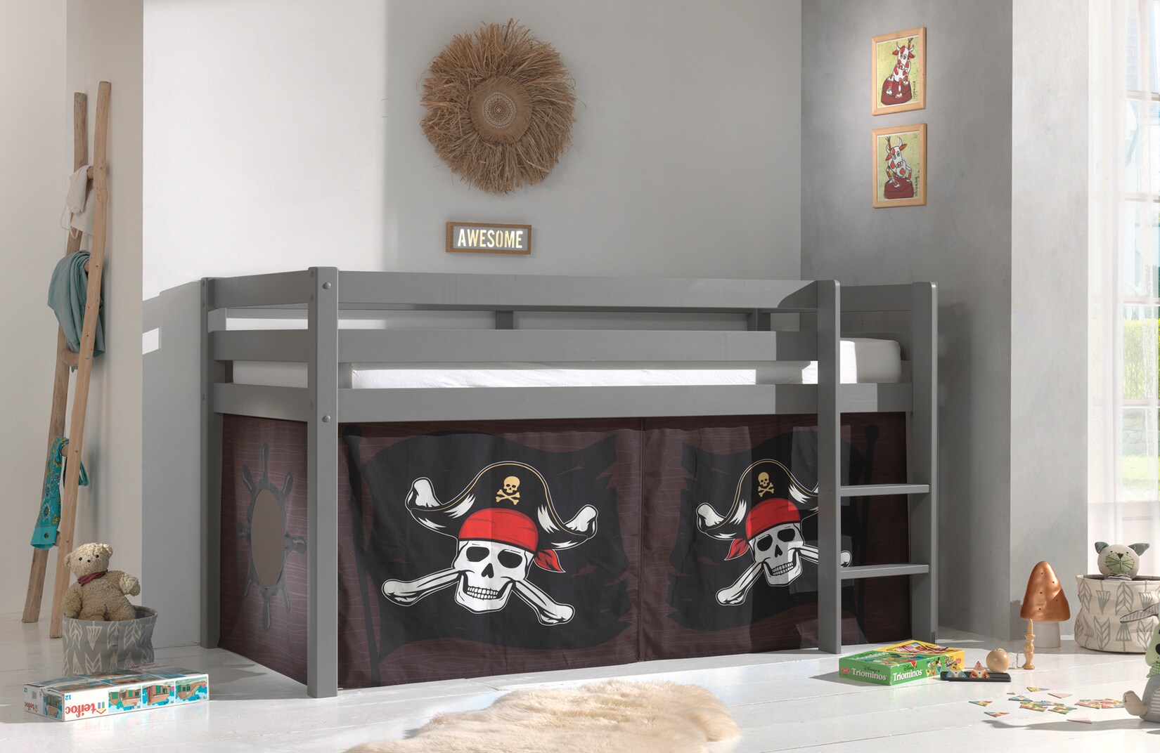 Halbhohes Bett PINO, mit Textilset "Caribian Pirate", Ausf. Kiefer massiv versch. Farben