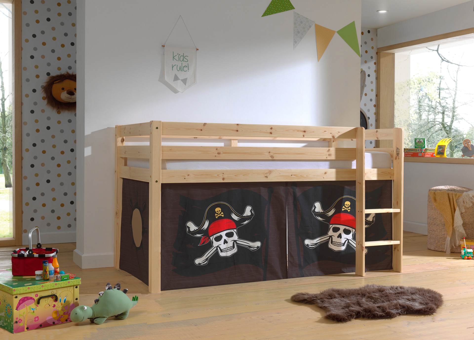 Halbhohes Bett PINO, mit Textilset "Caribian Pirate", Ausf. Kiefer massiv versch. Farben - Bild 1