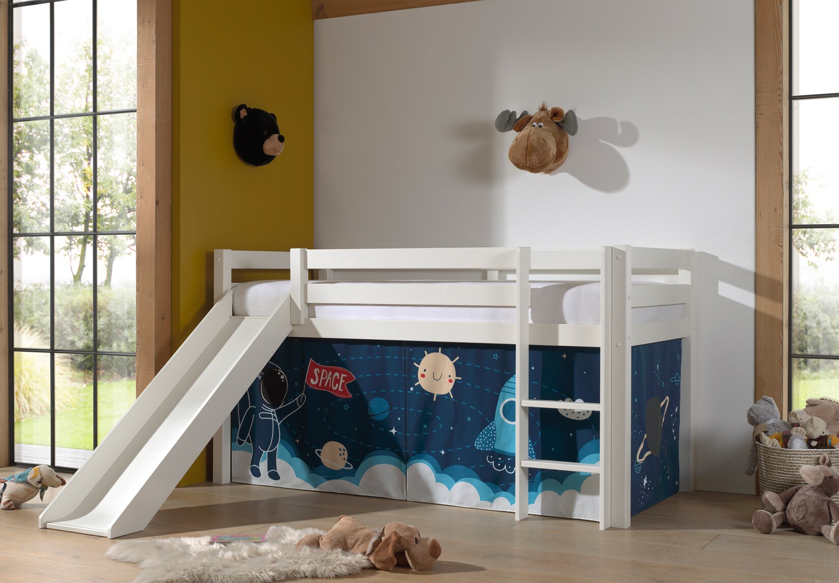 Halbhohes Bett PINO, mit Rutsche und Textilset „Space Shuttle“, Ausf. Kiefer massiv versch. Farben | 05420070236584