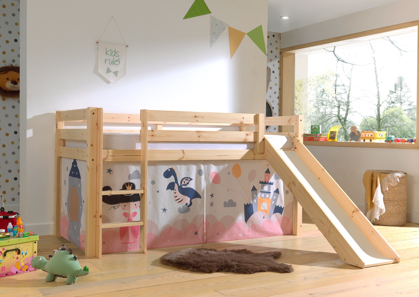 Halbhohes Bett PINO, mit Rutsche und Textilset „Princess Sophie“, Ausf. Kiefer massiv versch. Farben | 05420070236621