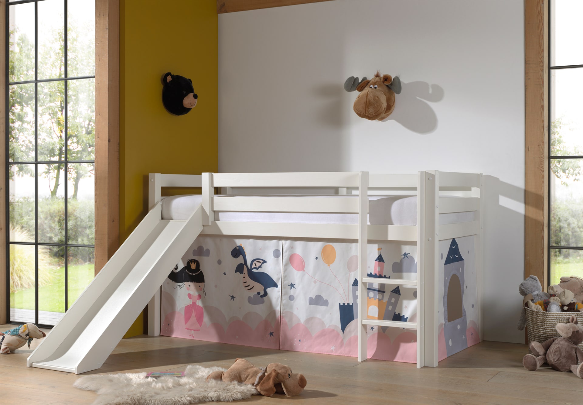 Halbhohes Bett PINO, mit Rutsche und Textilset "Princess Sophie", Ausf. Kiefer massiv versch. Farben - Bild 1