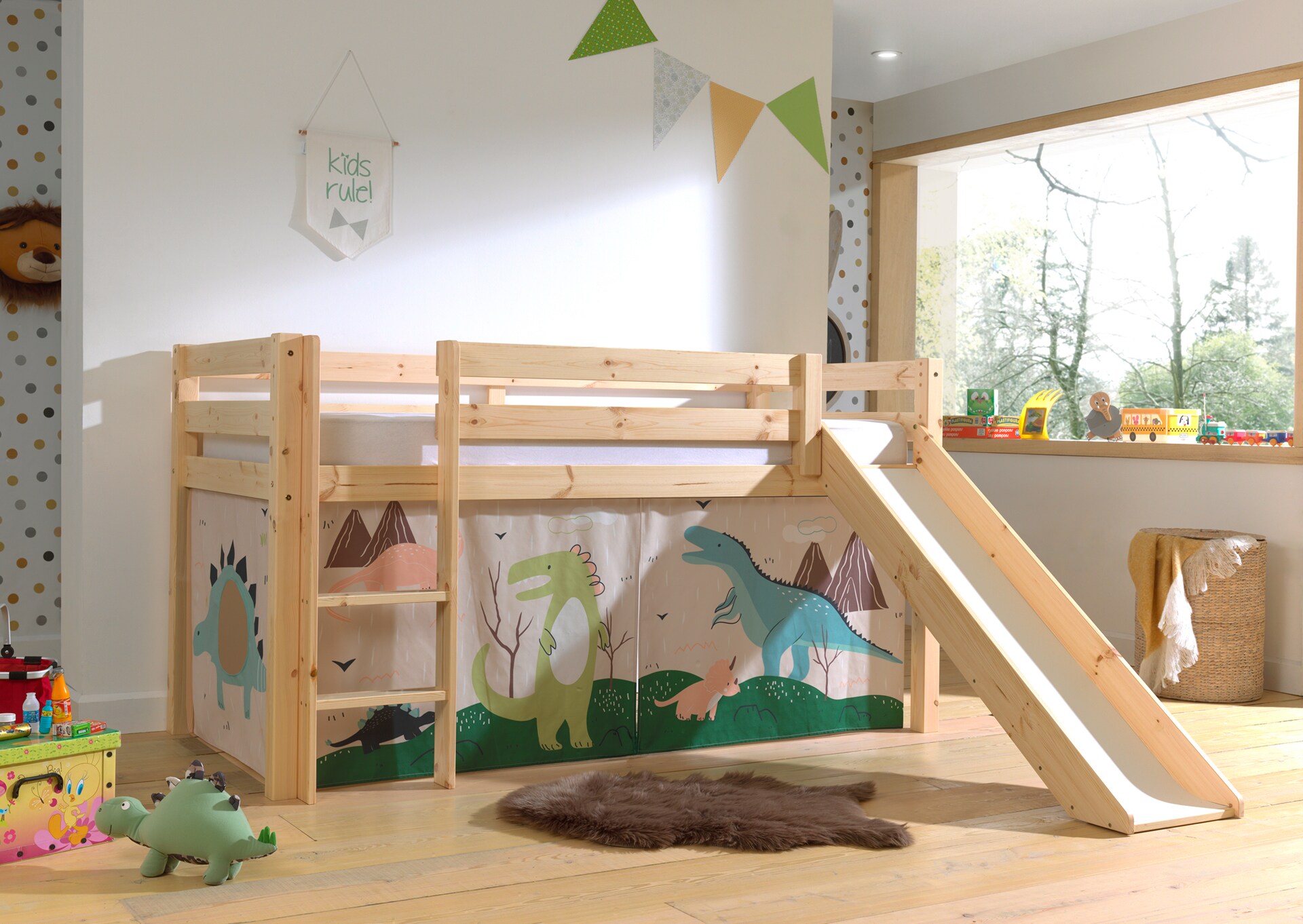 Halbhohes Bett PINO, mit Rutsche und Textilset "Dino", Ausf. Kiefer massiv versch. Farben - Bild 1