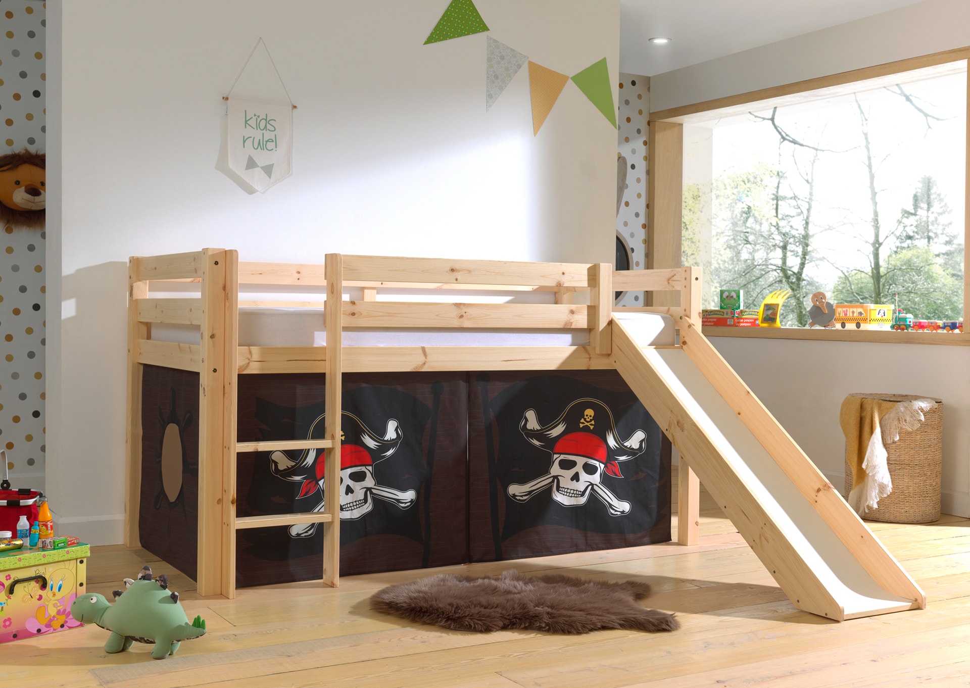 Halbhohes Bett PINO, mit Rutsche und Textilset "Caribian Pirate", Ausf. Kiefer massiv versch. Farben - Bild 1