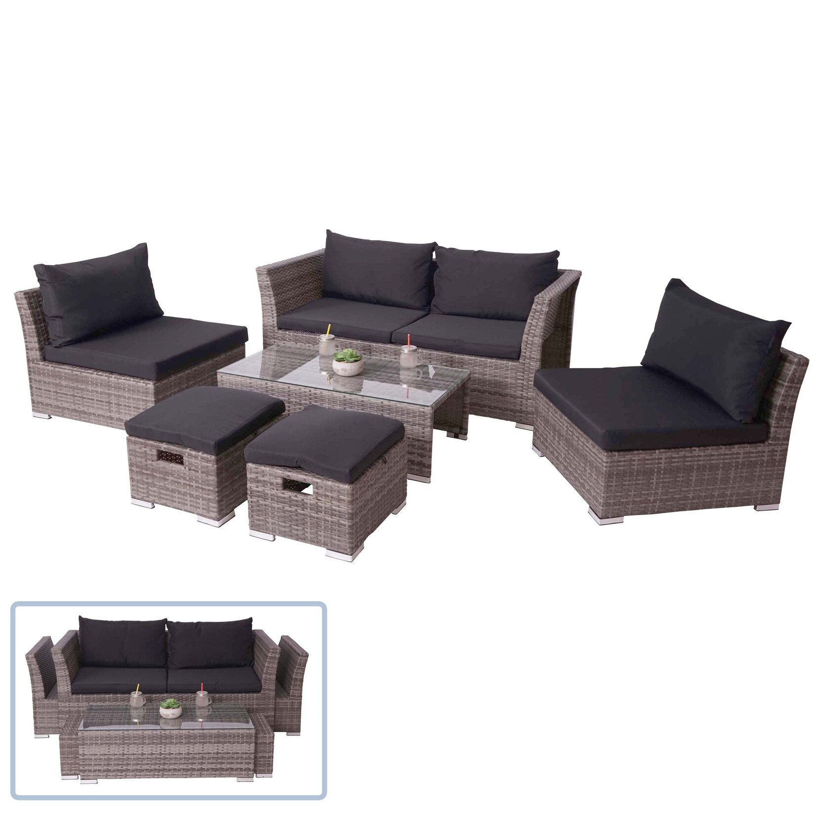 Poly-Rattan Garnitur MCW-J36, Balkon-/Garten-/Lounge-Set Sitzgruppe Sofa ~ grau, Kissen schwarz | 04057651511078