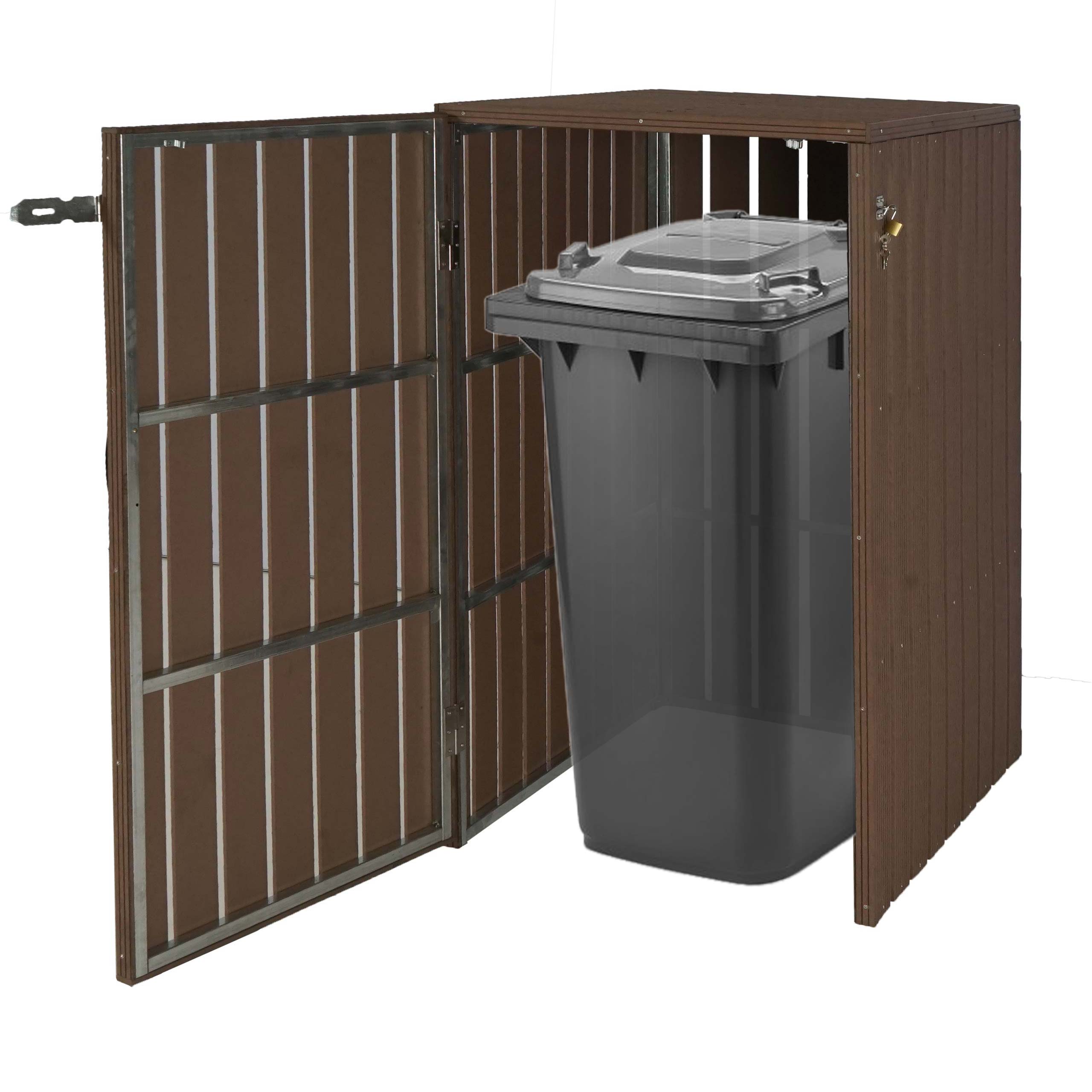 1er WPC-M&uuml;lltonnenverkleidung MCW-J28, M&uuml;lltonnenbox, Metall Holzoptik, erweiterbar 240l ~ braun - Bild 1
