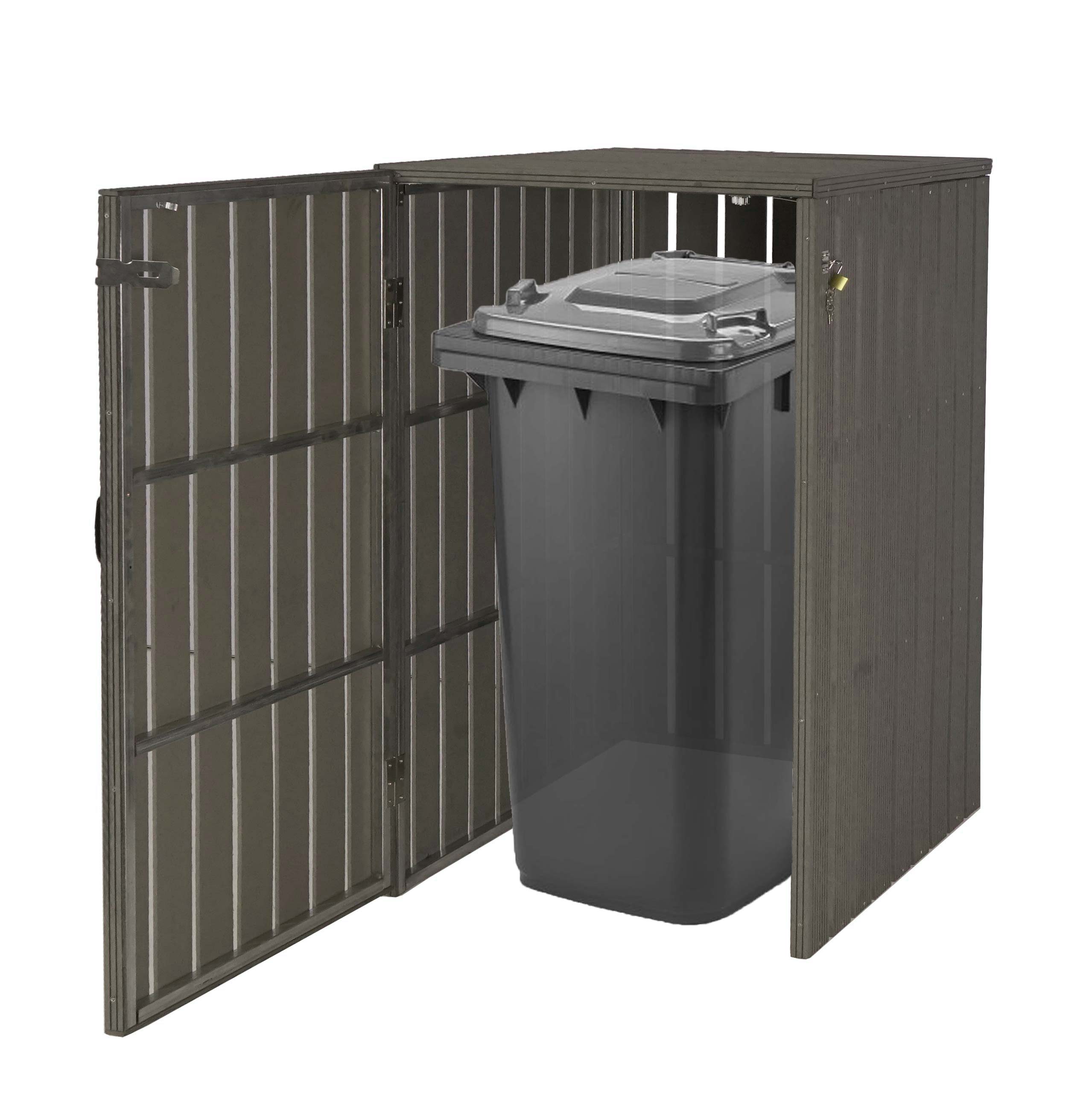 1er WPC-M&uuml;lltonnenverkleidung MCW-J28, M&uuml;lltonnenbox, Metall Holzoptik, erweiterbar 240l ~ grau - Bild 1