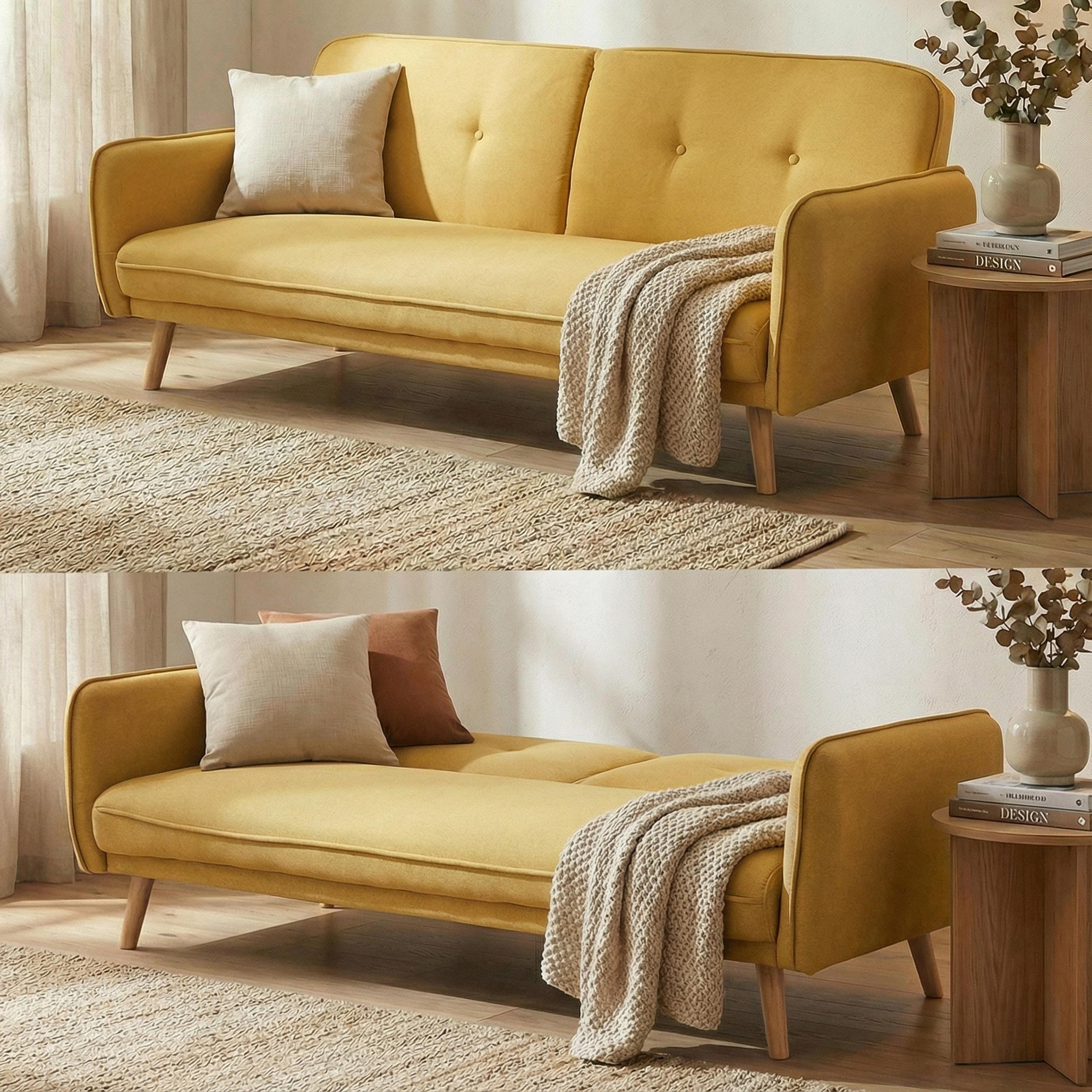Schlafsofa MCW-J18, Couch Klappsofa G&auml;stebett Bettsofa, Schlaffunktion Stoff/Textil 185cm ~ gelb - Bild 1