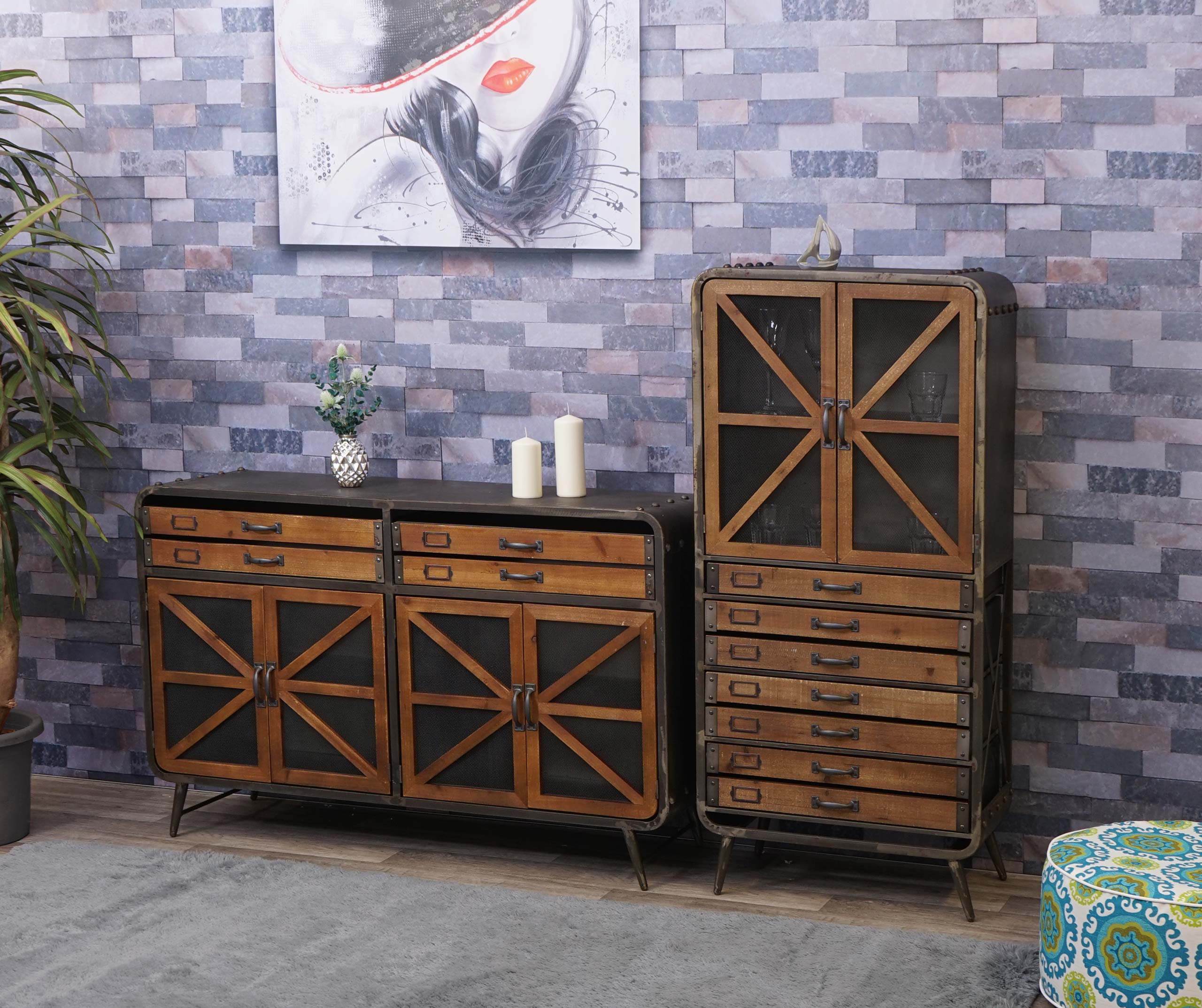 Wohnzimmer-Set MCW-F91, Sideboard Kommode Highboard Hochschrank, Industrial Tanne Holz Metall, braun-schwarz - Bild 1