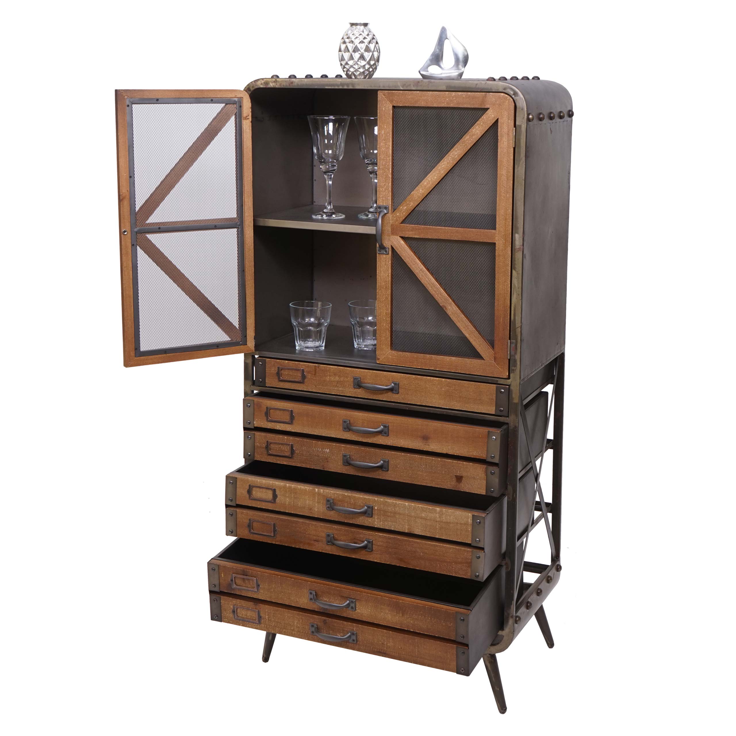 Hochschrank MCW-F91, Apothekerschrank Wohnzimmerschrank, Industrial Tanne Holz Metall 128x60x33cm, braun-schwarz - Bild 1