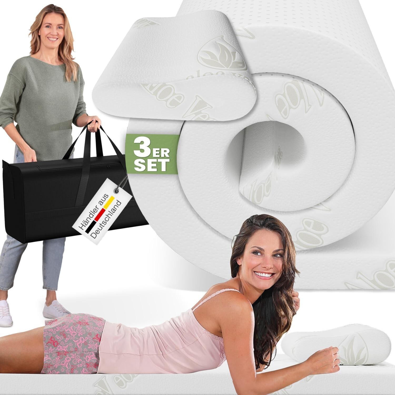 ELONEO Schlaf Topper Reise-Set 3 teilig: Visko-Matratzenauflage, Visko-Kopfkissen, hochwertige Transporttasche, 100% Visco, weiß, Visco-Topper: B 70 x L 200 x 3,5cm