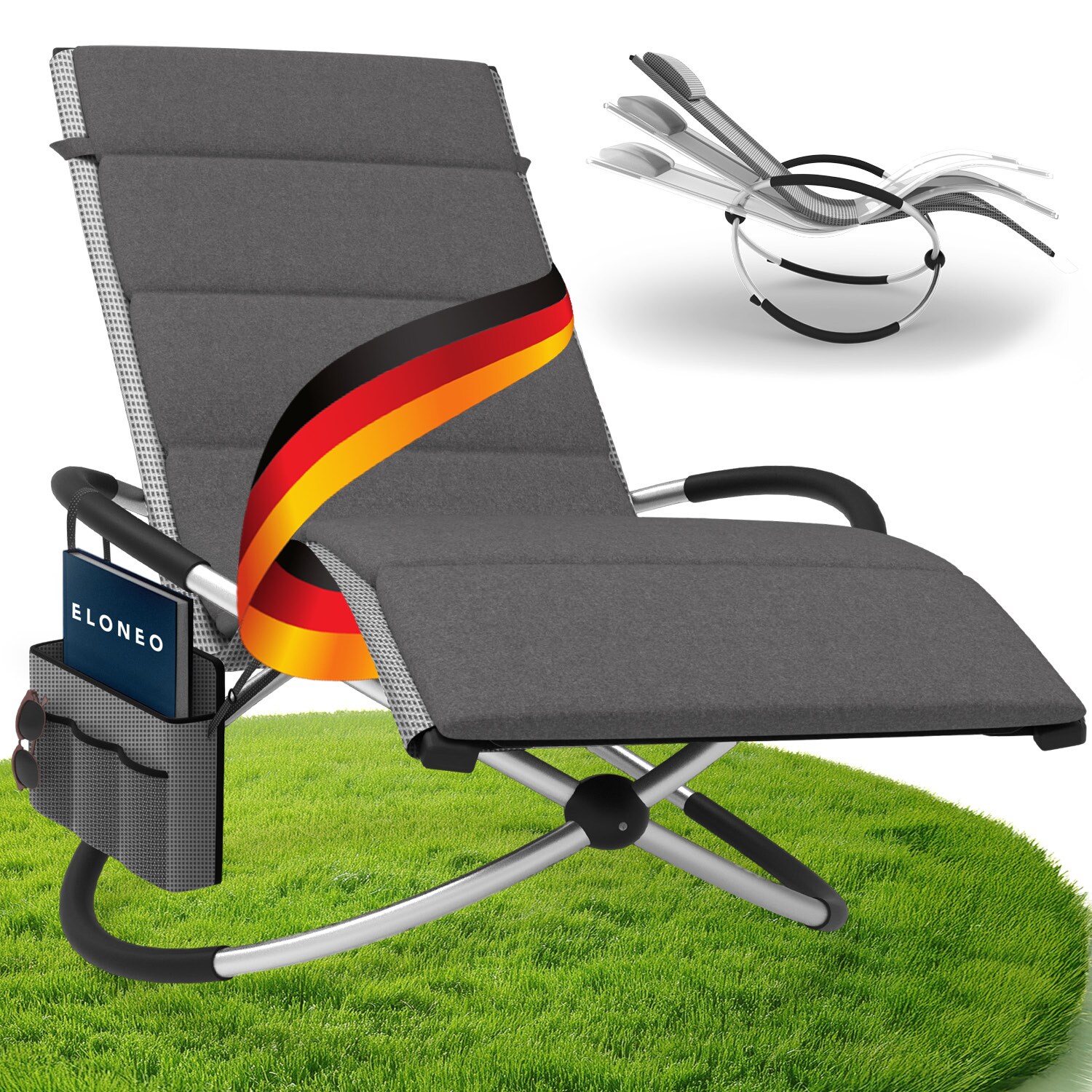 Relax-Schaukelliege inkl. Seitentasche Grau-kariert + Auflage Anthrazit