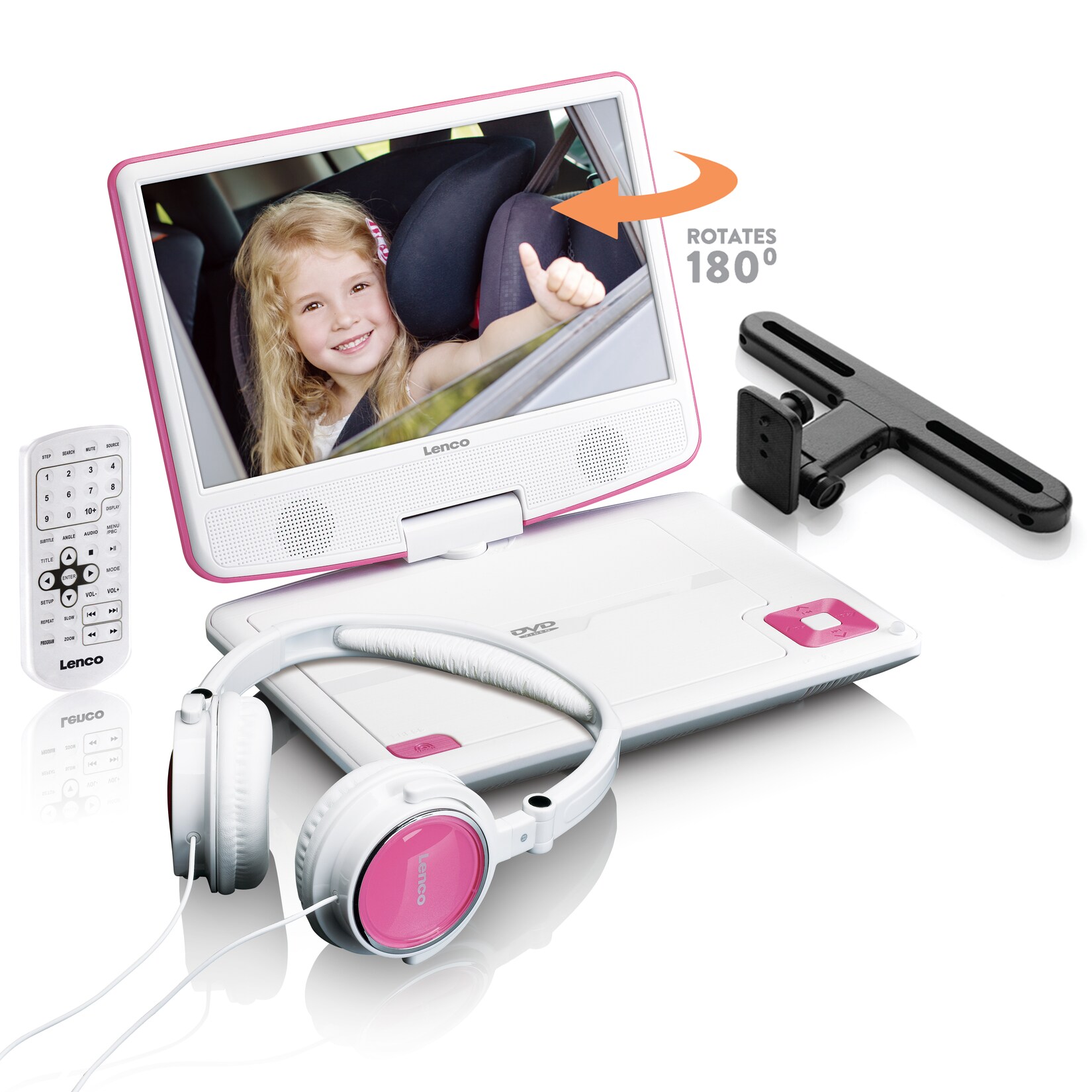 Lenco DVP-910PK – 9 Zoll tragbarer DVD-Spieler mit Kopfhörer und Kopfstützenbefestigung – integrierter Akku – USB-Eingang – Pink/Weiß | 08711902037897