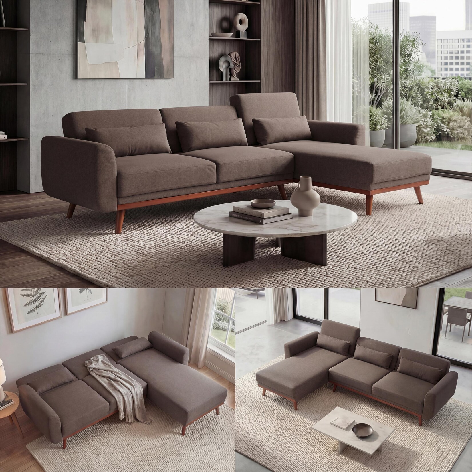Sofa MCW-J20, Couch Ecksofa, L-Form 3-Sitzer Liegefläche Schlaffunktion Stoff/Textil 280cm ~ braun