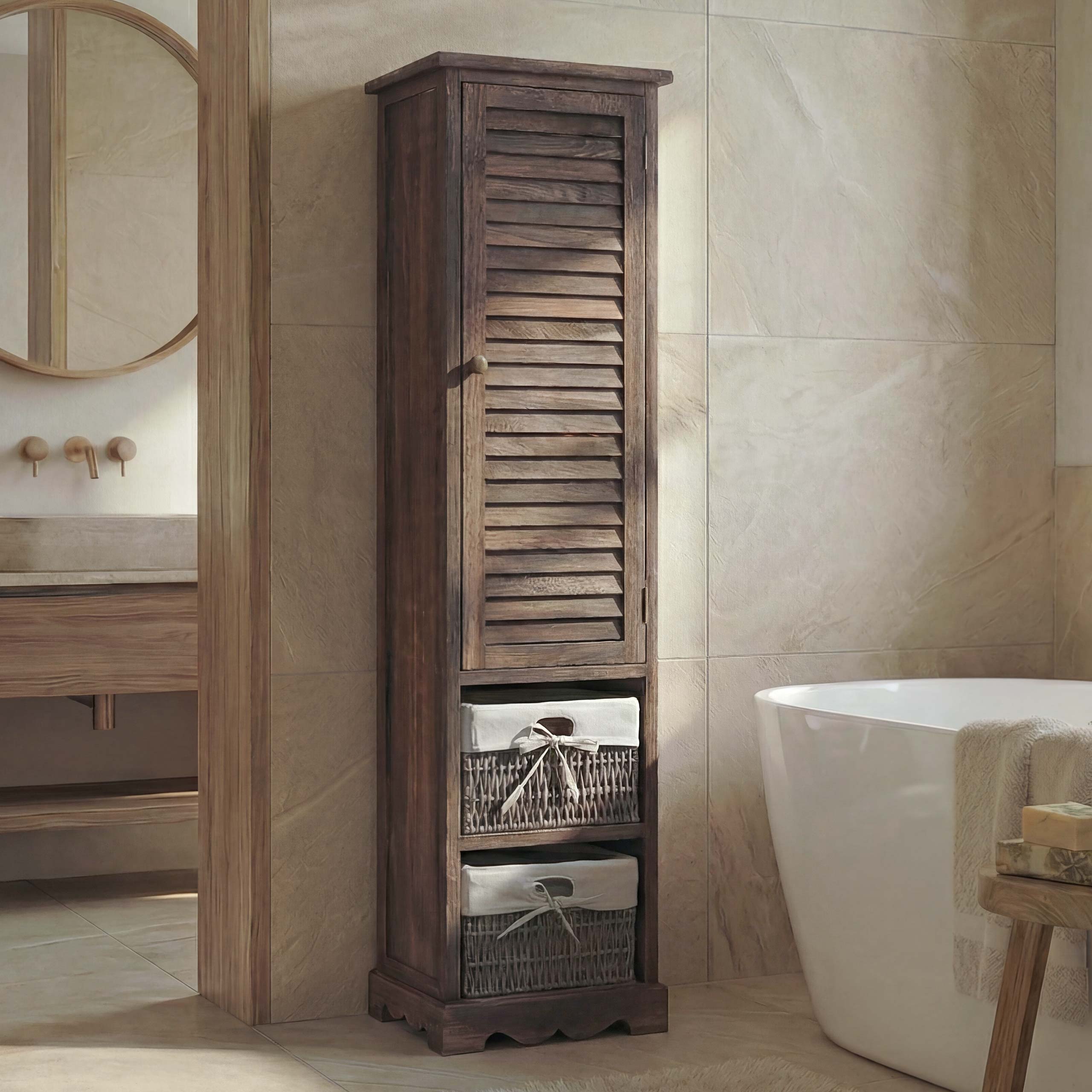 Badezimmerkommode MCW-H20, Badezimmer Schrank Badschrank Badregal, 120x27x29cm Massiv-Holz ~ shabby braun - Bild 1