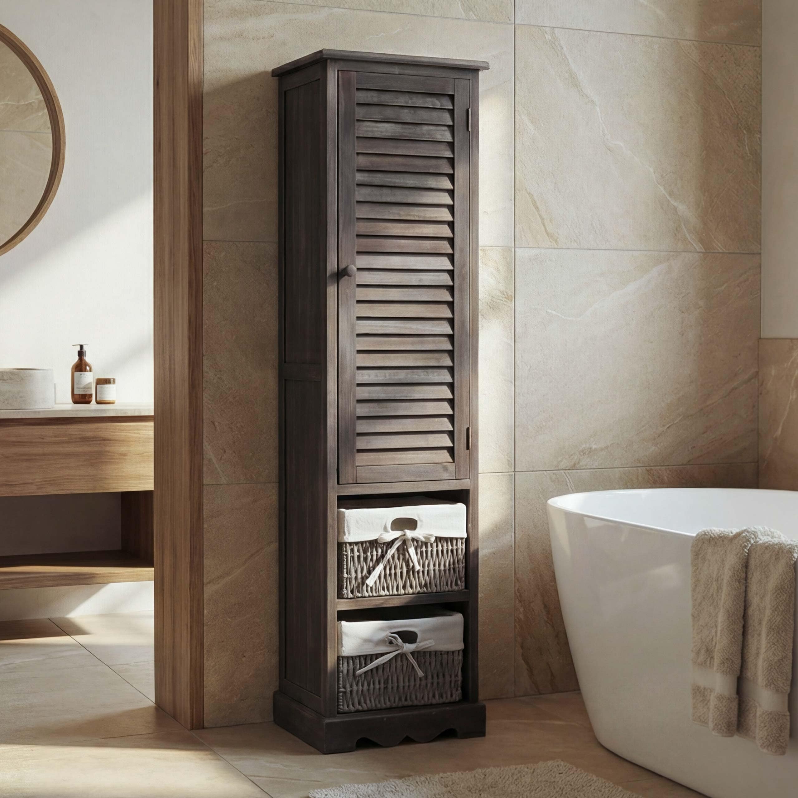 Badezimmerkommode MCW-H20, Badezimmer Schrank Badschrank Badregal, 120x27x29cm Massiv-Holz ~ shabby grau-braun - Bild 1