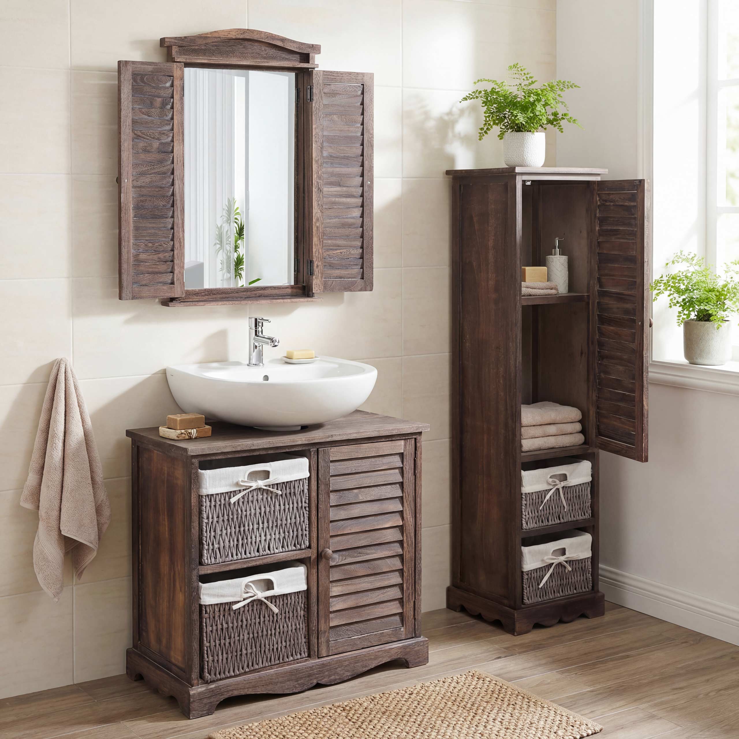 Badezimmerset MCW-H20, Badm&ouml;bel-Set Hochschrank Waschbeckenunterschrank Wandspiegel ~ shabby braun - Bild 1