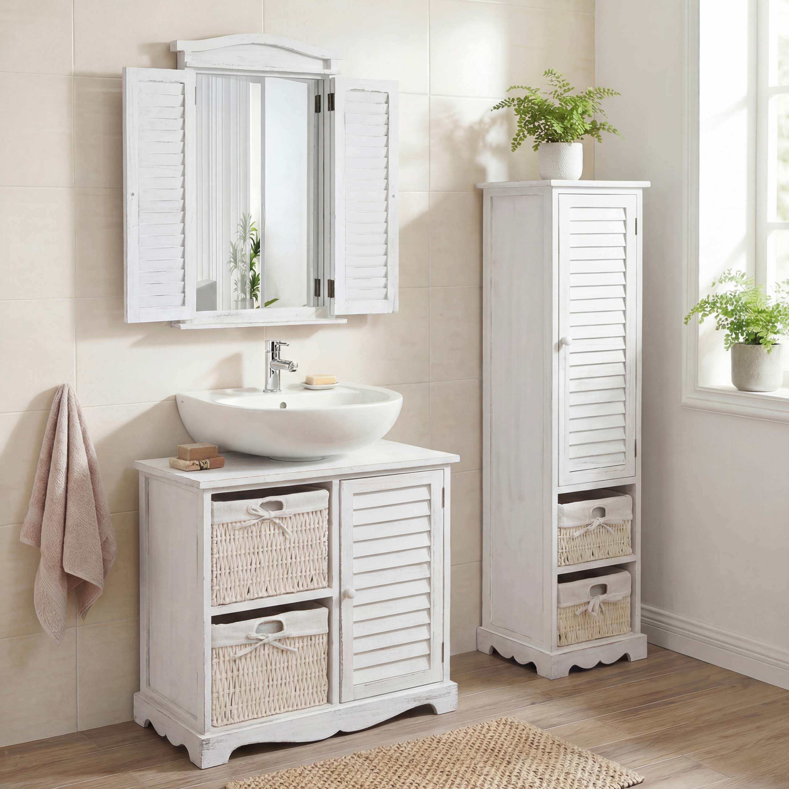 Badezimmerset MCW-H20, Badm&ouml;bel-Set Hochschrank Waschbeckenunterschrank Wandspiegel ~ shabby wei&szlig; - Bild 1