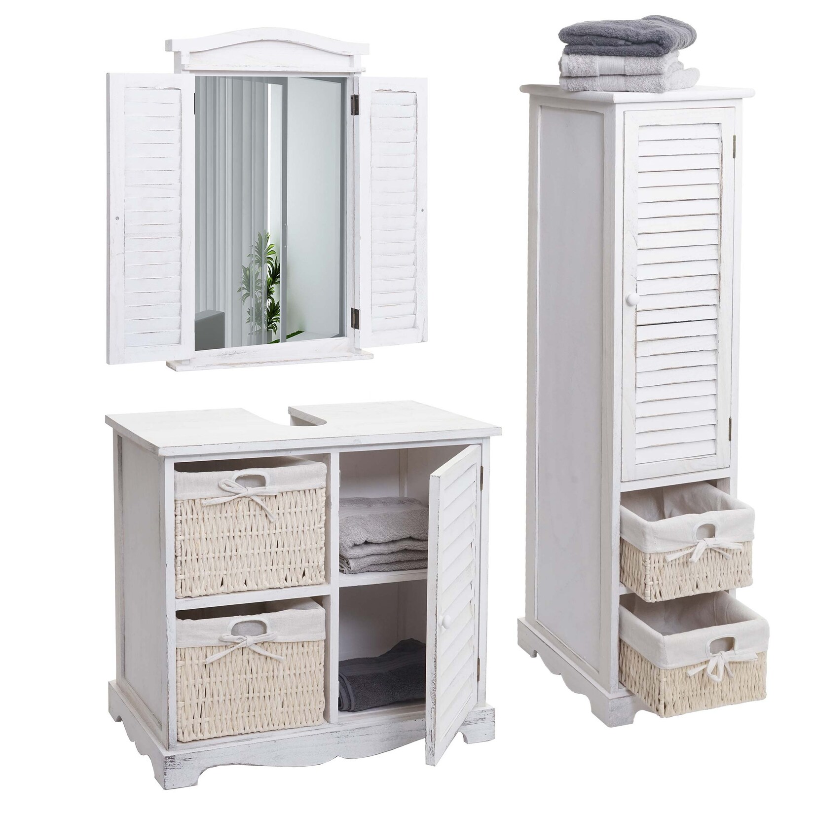Badezimmerset MCW-H20, Badmöbel-Set Hochschrank Waschbeckenunterschrank Wandspiegel ~ shabby weiß | 04057651496726