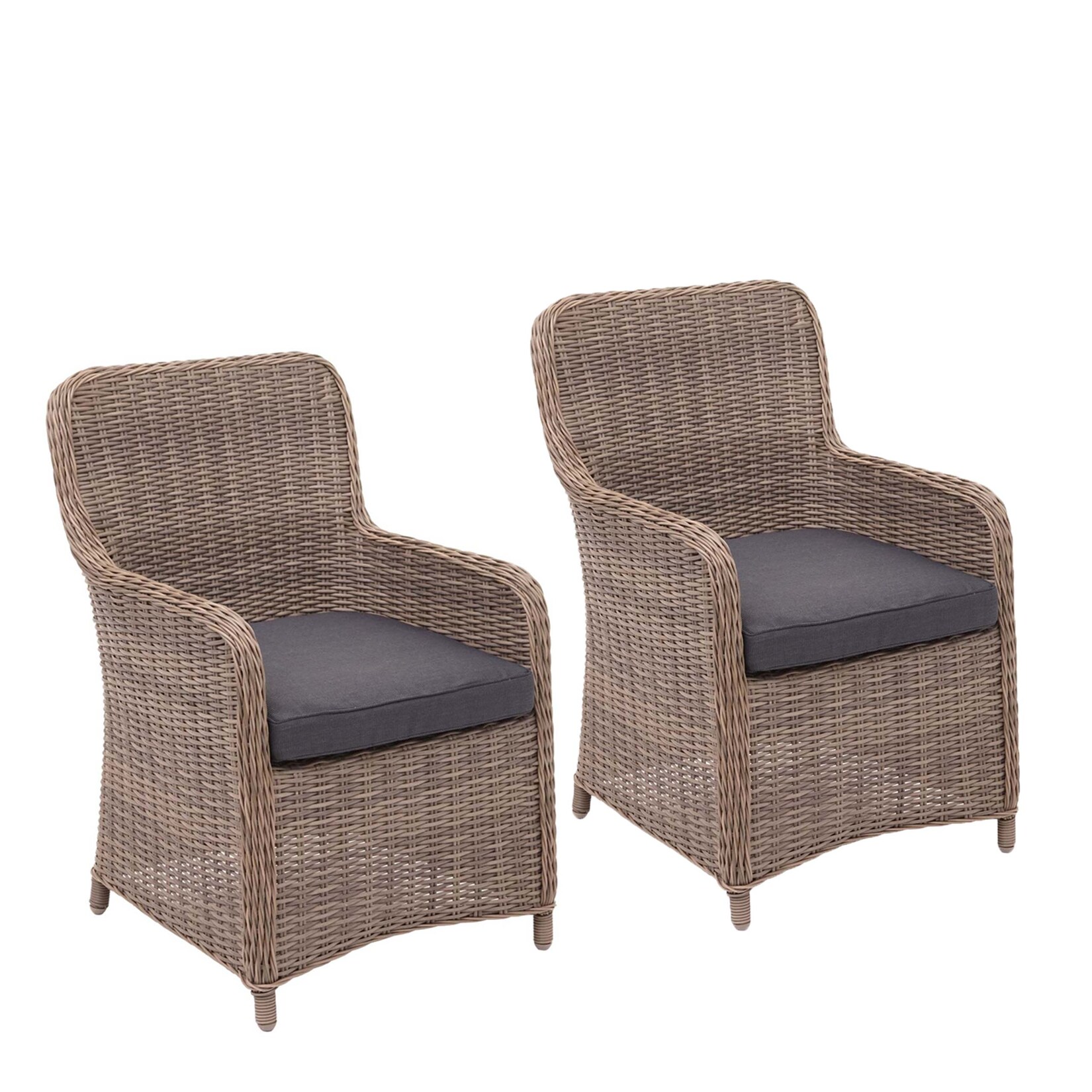 2er-Set Poly-Rattan Stuhl MCW-E98, Rattanstuhl Gartenstuhl Korbsessel, Spun Poly halbrundes Rattan MVG beige Kissen grau