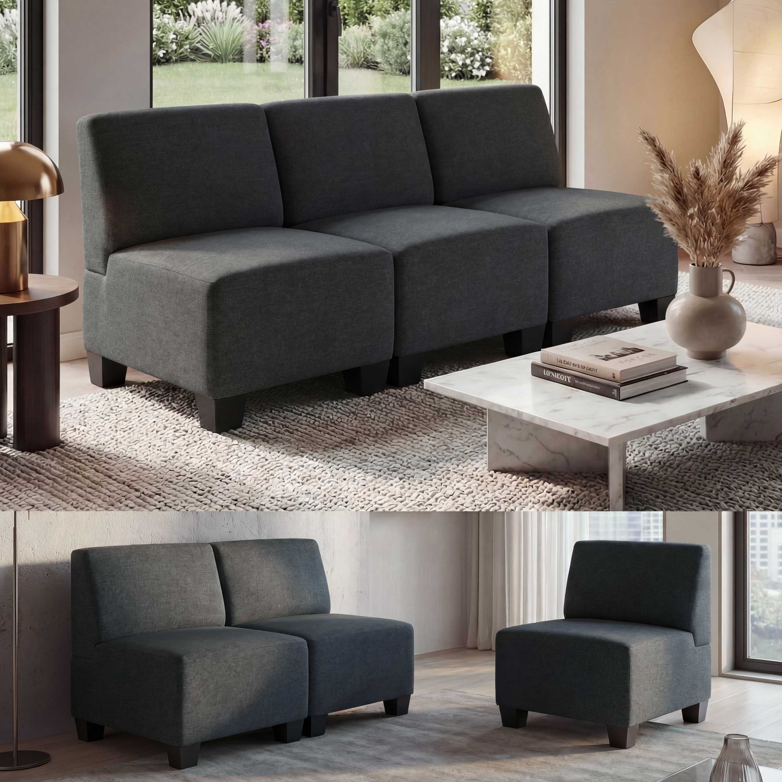 Modular 3-Sitzer Sofa Couch Moncalieri, Stoff/Textil ~ anthrazit-grau, ohne Armlehnen - Bild 1