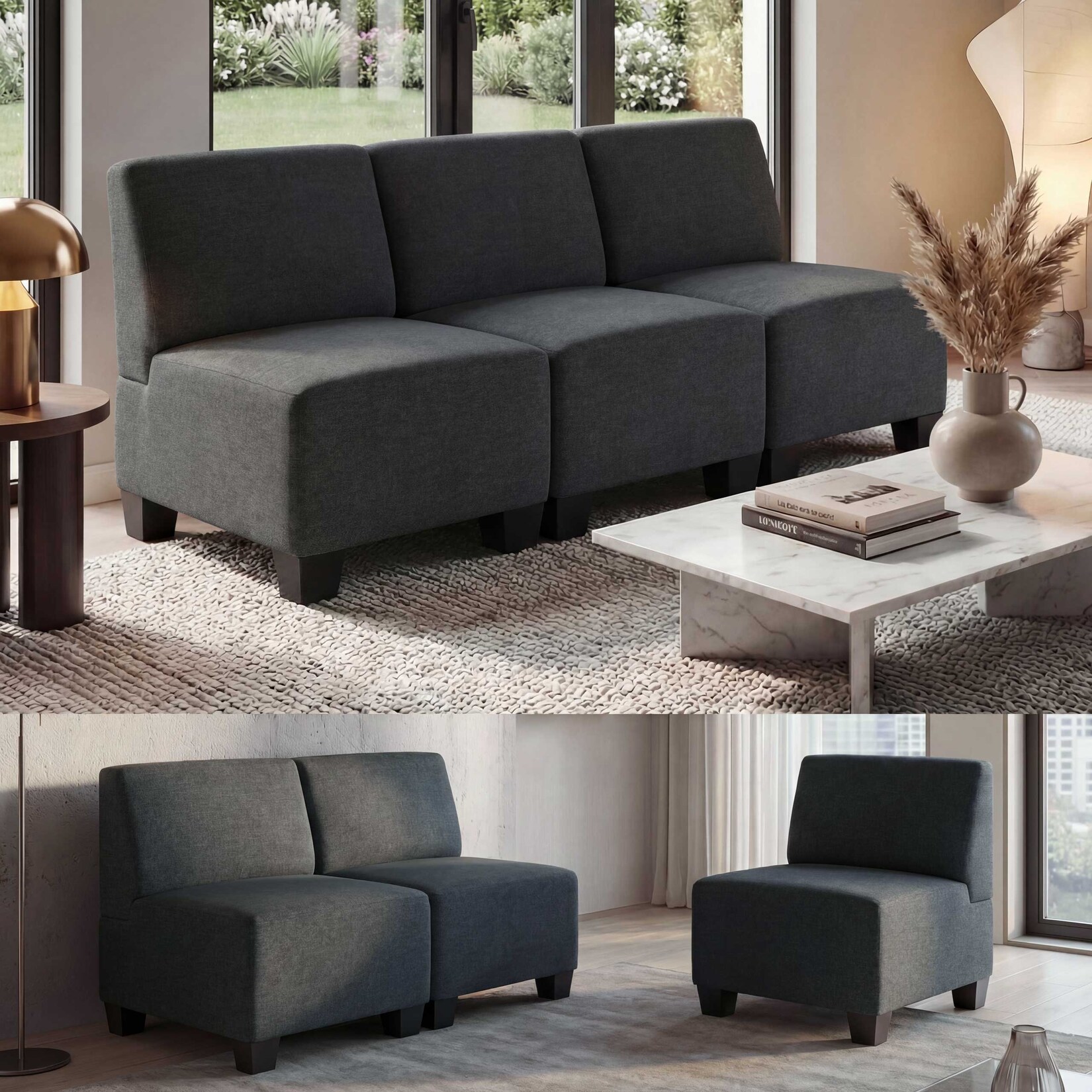 Modular 3-Sitzer Sofa Couch Moncalieri, Stoff/Textil ~ anthrazit-grau, ohne Armlehnen