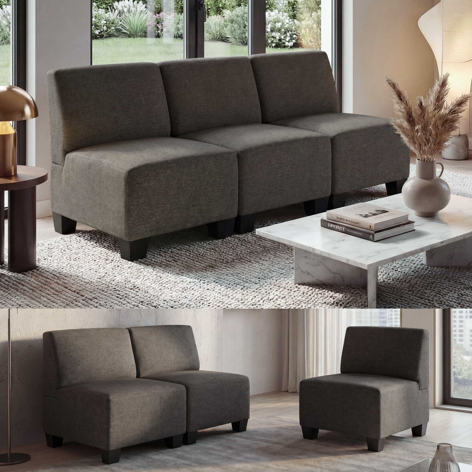 Modular 3-Sitzer Sofa Couch Moncalieri, Stoff/Textil ~ braun, ohne Armlehnen