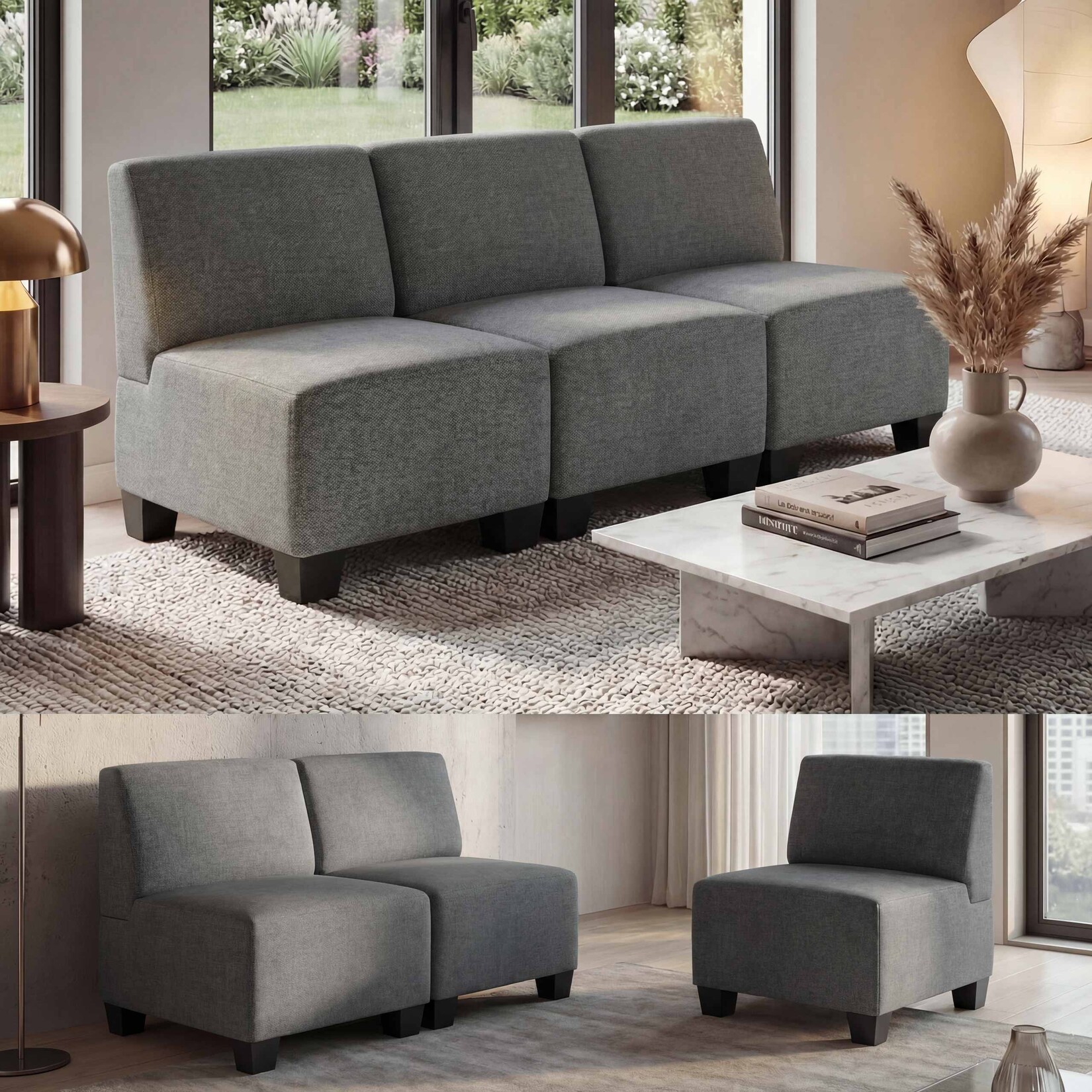 Modular 3-Sitzer Sofa Couch Moncalieri, Stoff/Textil ~ grau, ohne Armlehnen