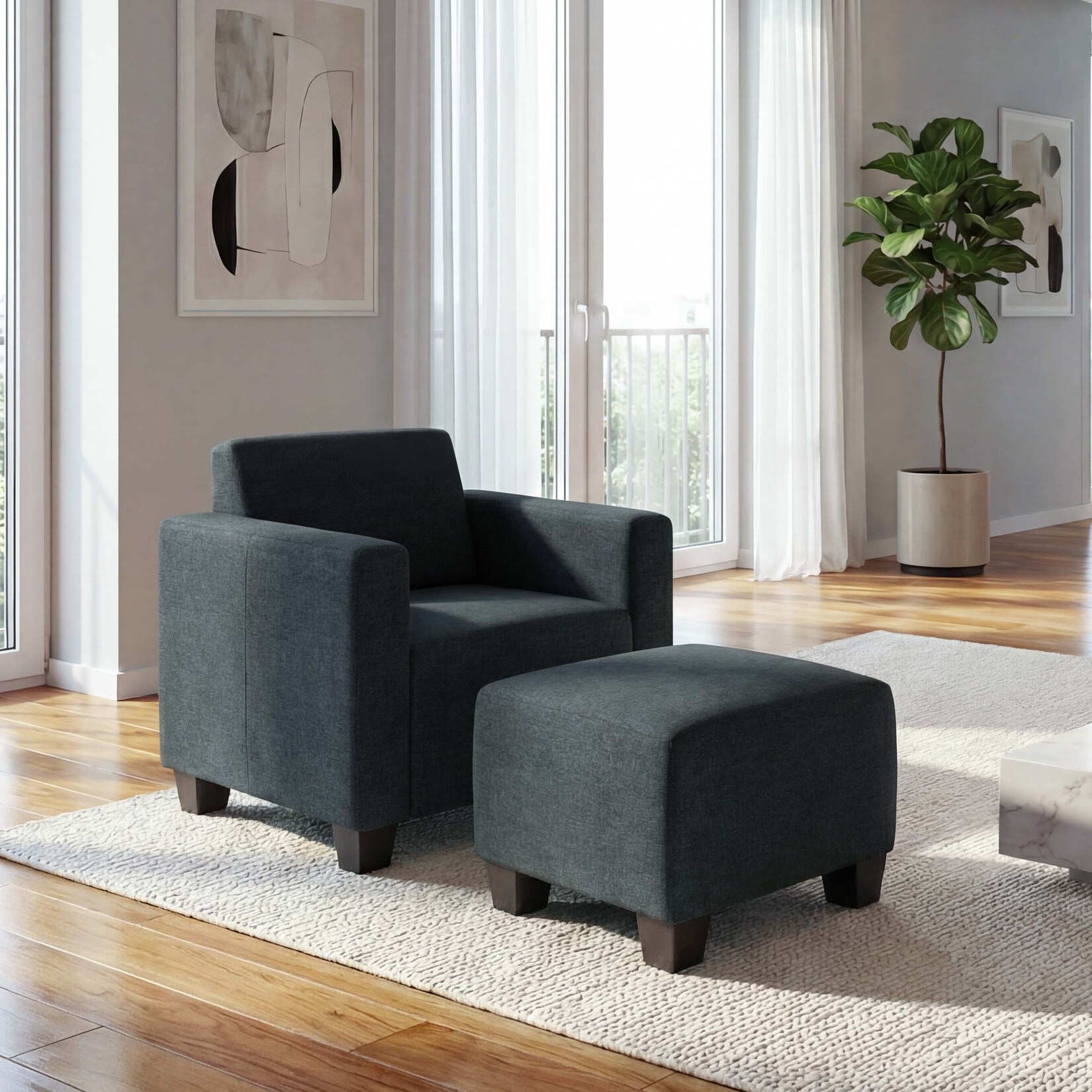 Modular Sessel Loungesessel mit Ottomane Moncalieri, Stoff/Textil ~ anthrazit-grau