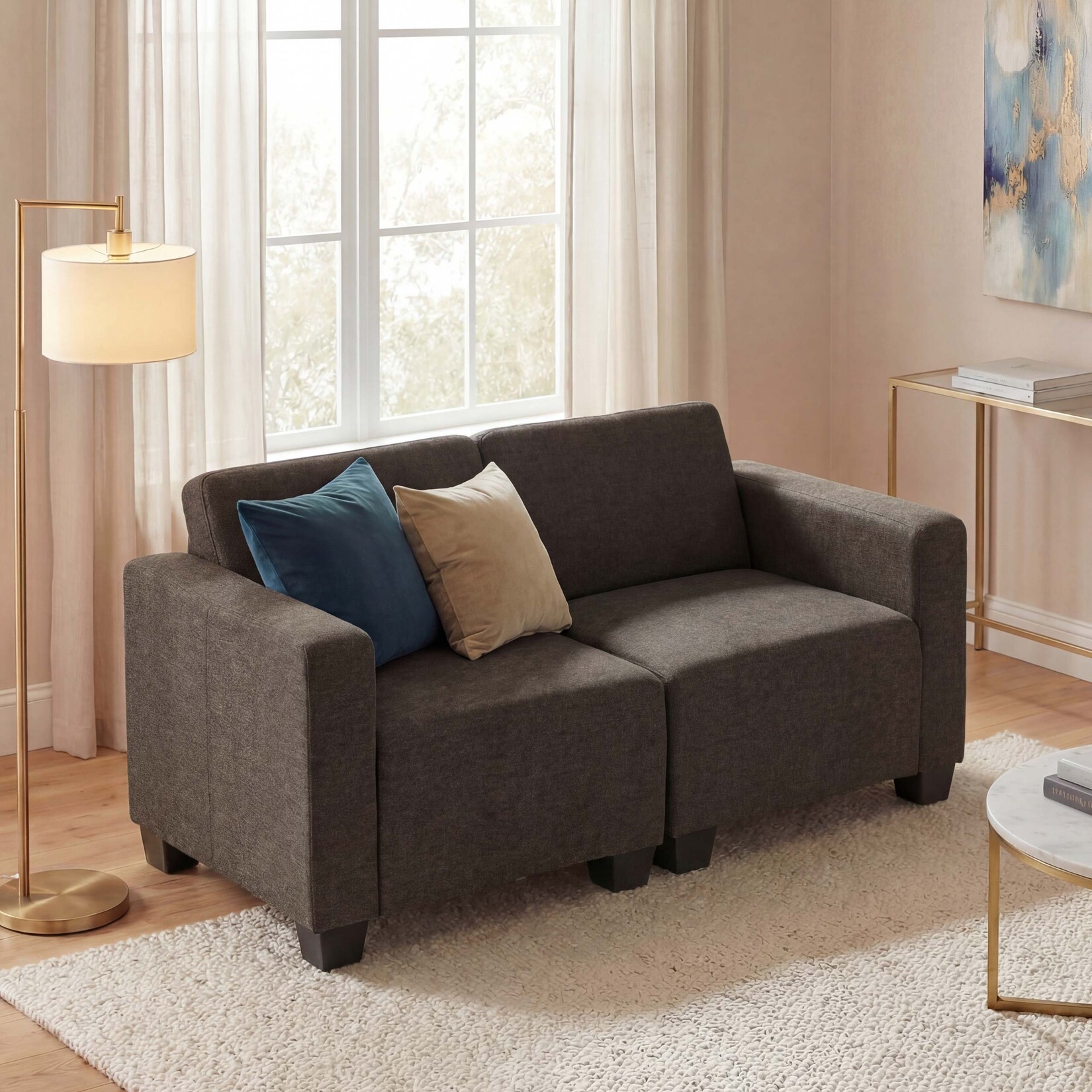 Modular 2-Sitzer Sofa Couch Moncalieri, Stoff/Textil ~ braun