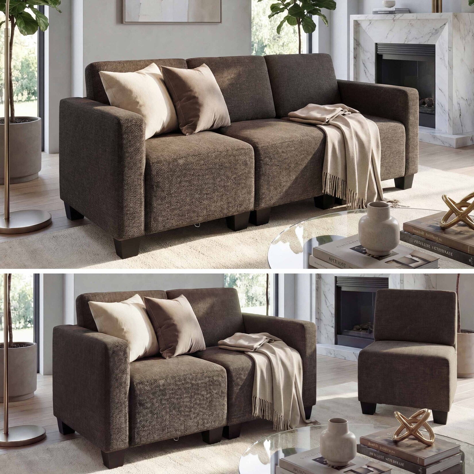 Modular 3-Sitzer Sofa Couch Moncalieri, Stoff/Textil ~ braun