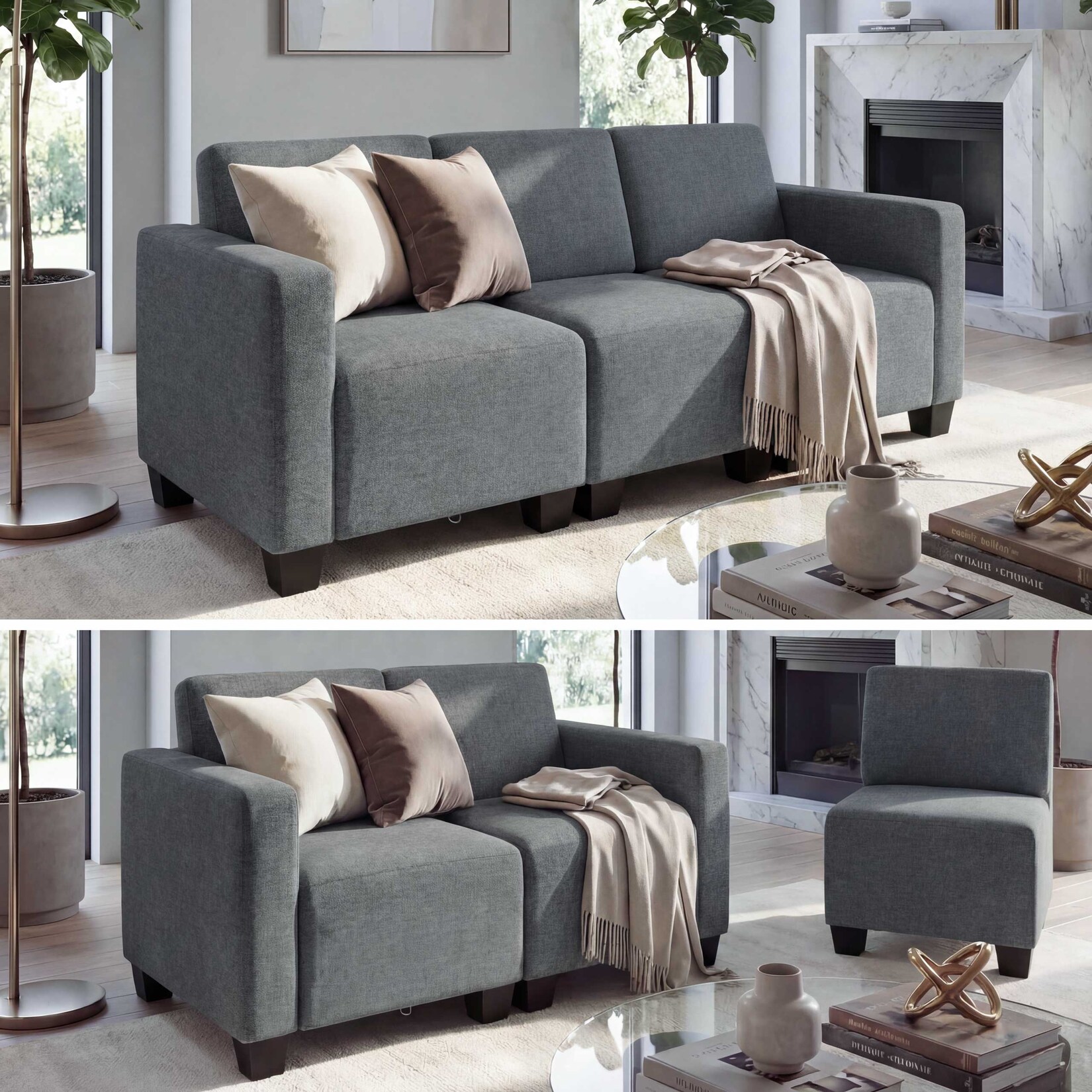 Modular 3-Sitzer Sofa Couch Moncalieri, Stoff/Textil ~ grau