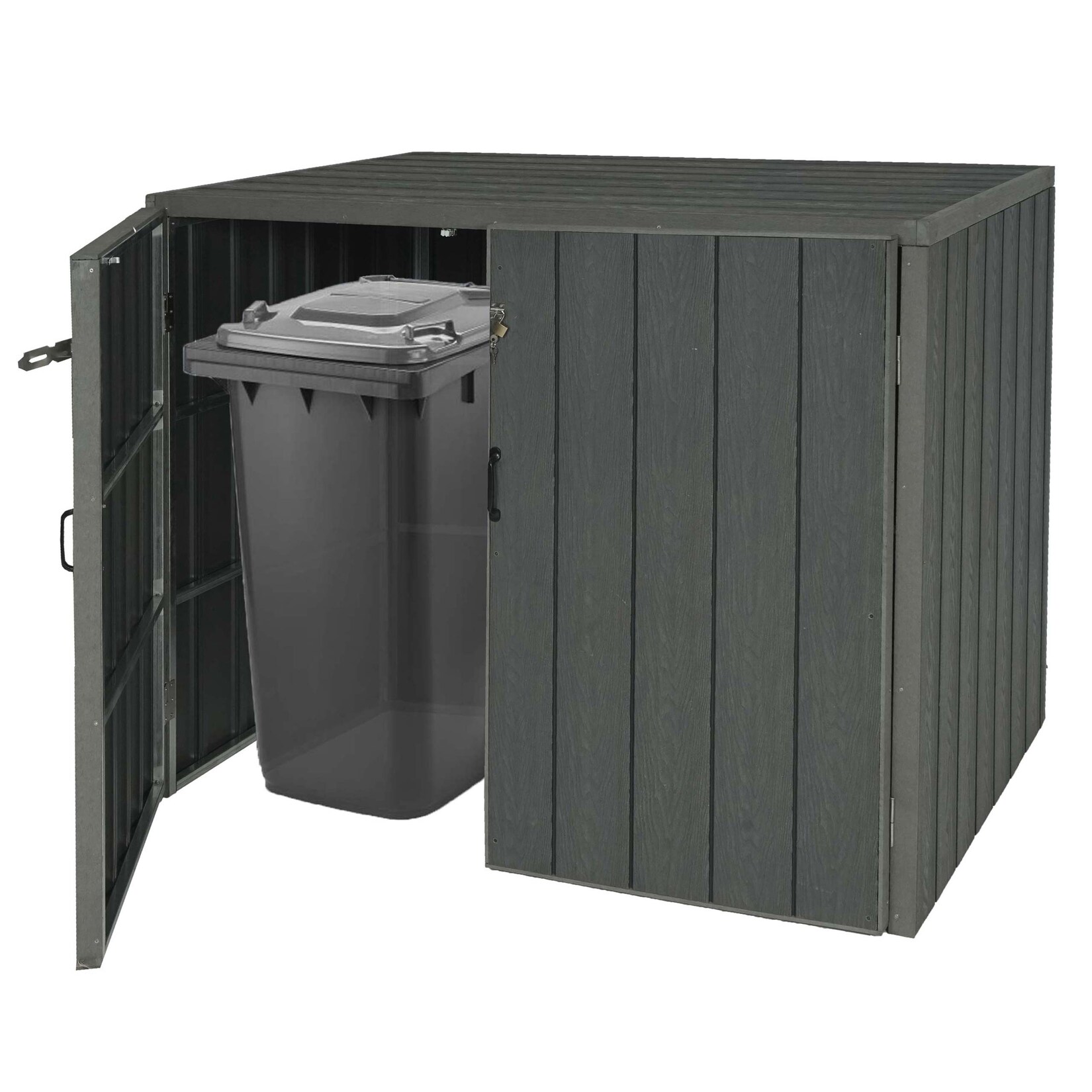 2er WPC-Mülltonnenverkleidung MCW-J28, Premium Mülltonnenbox, Metall Holzoptik, erweiterbar ~ grau | 04057651498775